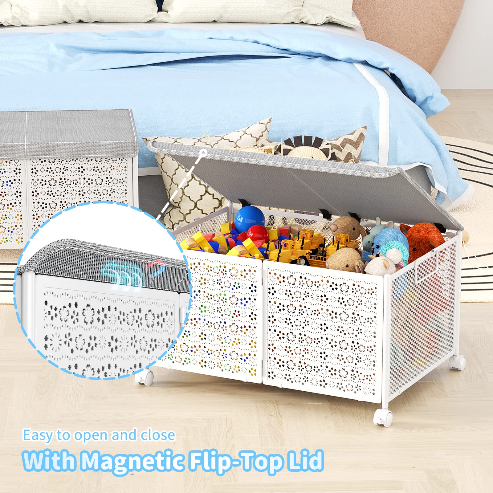 PHINOX 70L Large Toy Storage Box with Wheels - Collapsible Metal Toy Organizer for Kids, Boys & Girls - Durable Toy Chest for Nursery, Playroom & Bedroom - Perfect for Organizing Toys, Books & Games (White)
