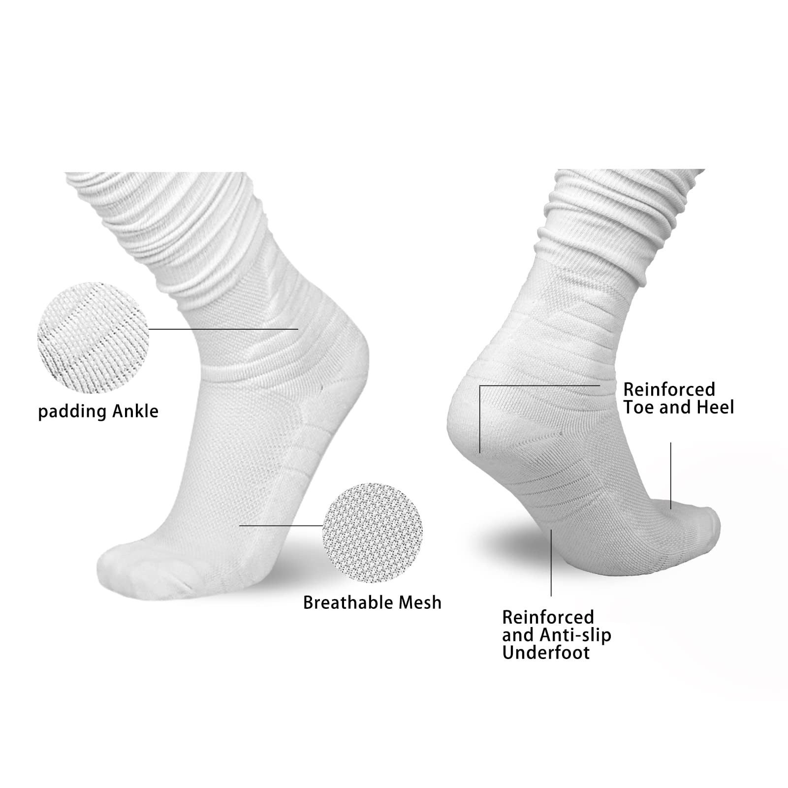 YYXR Non-Slip Extra Long Football Socks for Men - White Knee High Compression Soccer Socks with Scrunchie Design - Perfect for Training, Matches & Athletic Performance