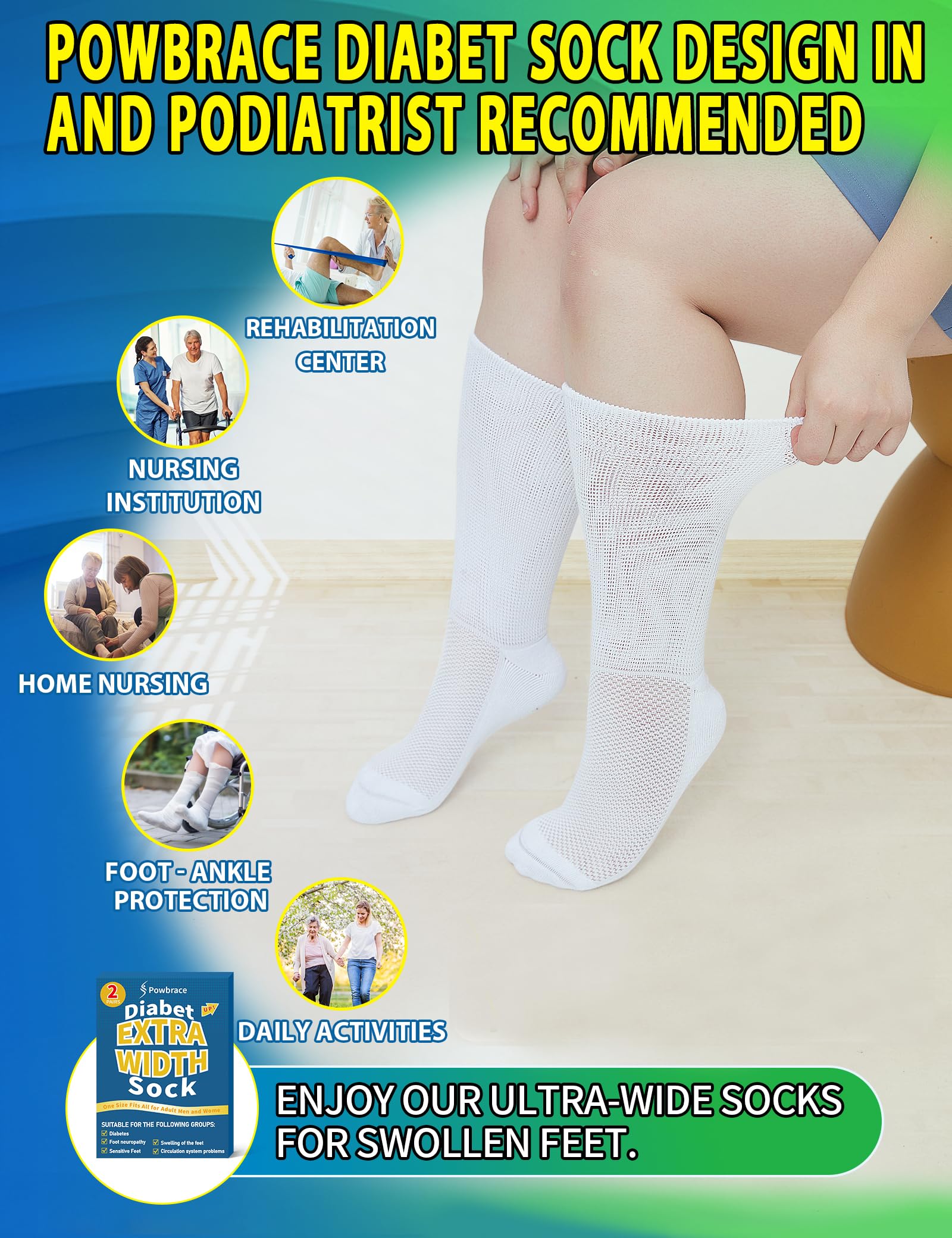 2 Pairs Wide Diabetic Socks for Men & Women - Plus Size Lymphedema Socks for Swollen Feet & Ankles, Edema Relief, Non-Binding Loose Fit Bariatric & Hospital Cast Socks (All Black) - Ideal for Daily Comfort, Medical Recovery & Post-Surgery Care