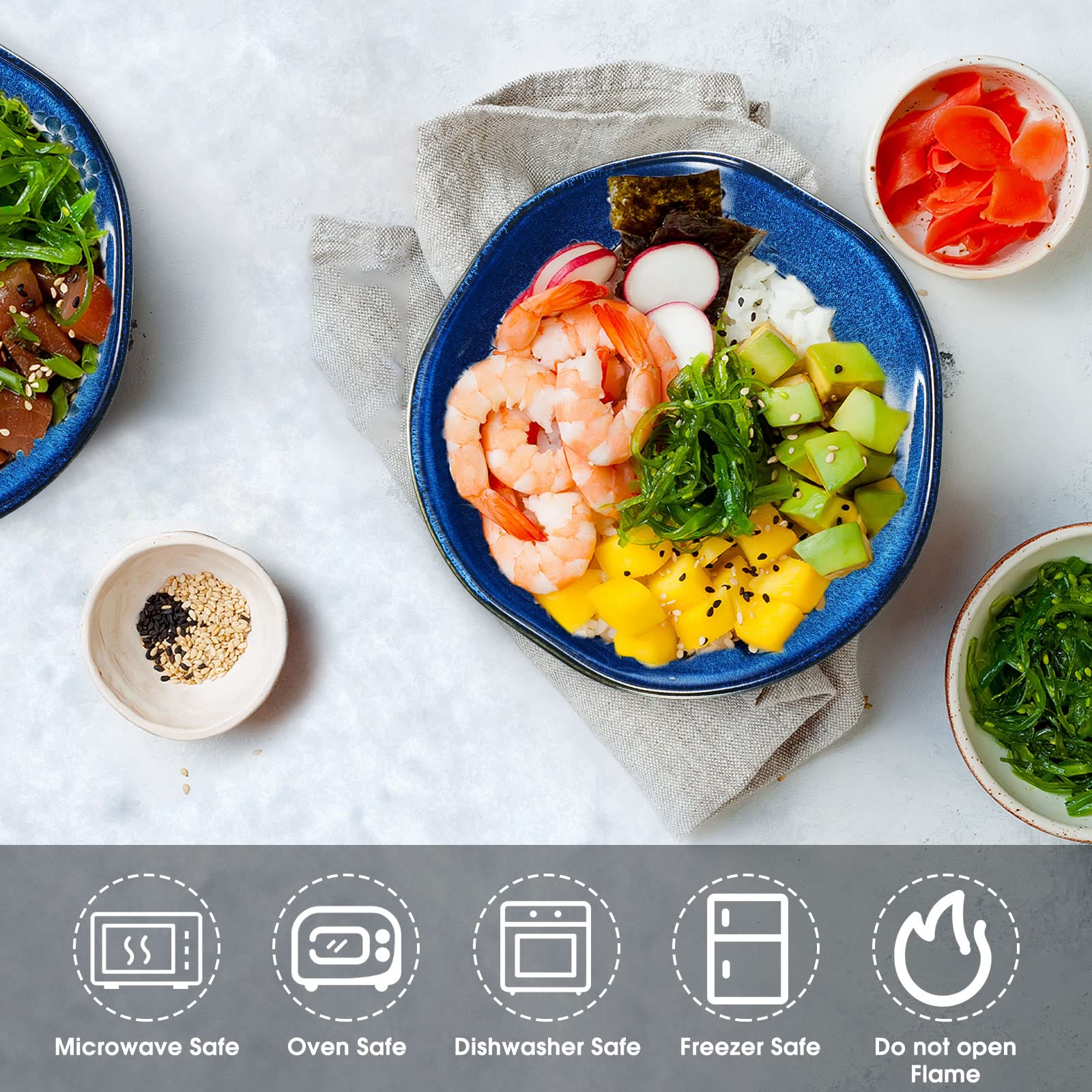 3-Piece Ceramic Salad Bowls Set - Blue Mixing & Serving Bowls for Ramen, Soup, Pasta & Noodles - Microwave & Dishwasher Safe Porcelain Bowls (13oz, 27oz, 47oz) - Perfect for Home Dining, Meal Prep & Nesting Storage
