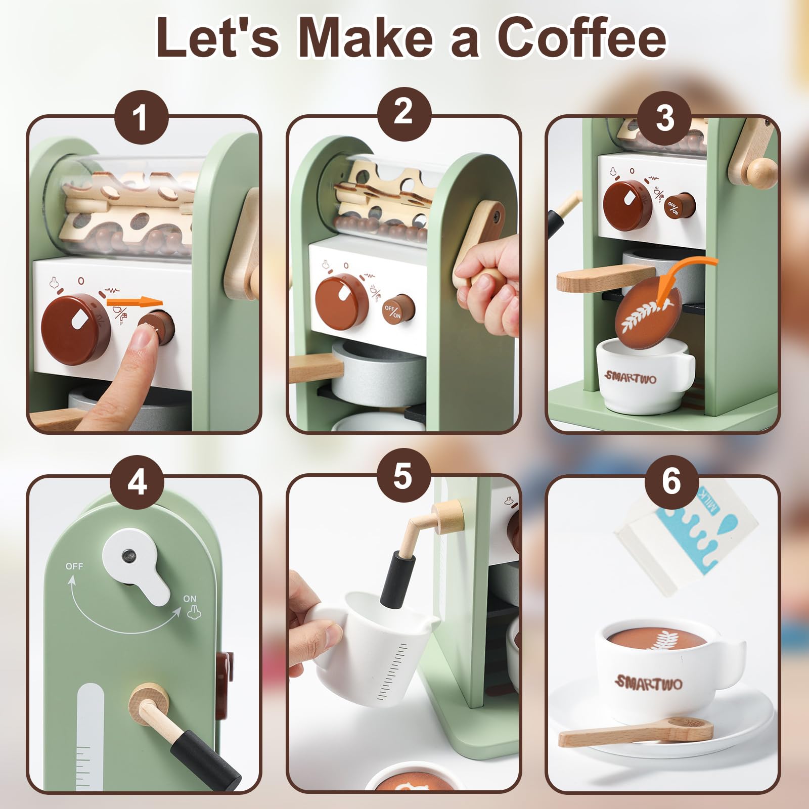 Smartwo Wooden Coffee Maker Toy with Realistic Sounds, Coffee & Dessert Playset, Wooden Kitchen Toy, Kids Pretend Play Barista Role-Playing Set, Gift for 3 4 5 Year Olds - Perfect for Preschool Learning & Imaginative Playtime