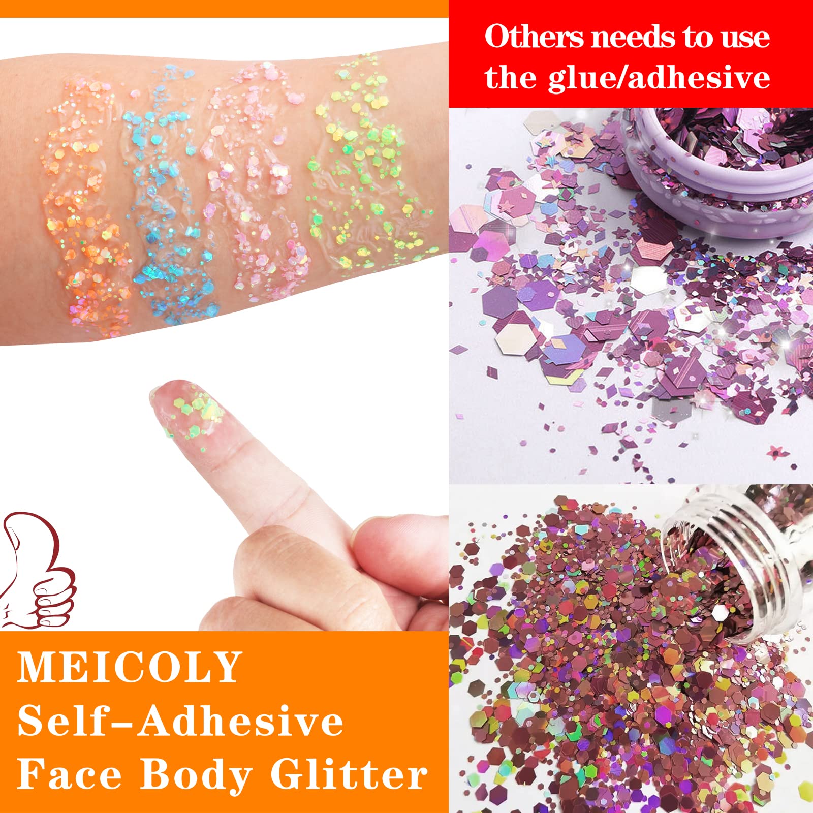 MEICOLY Glow in The Dark Body & Face Glitter Gel - Luminous Halloween Chunky Sequins, Self-Adhesive Neon UV Blacklight Glitter for Women | Perfect for Parties, Festivals, Raves & Nightclubs (Blue)