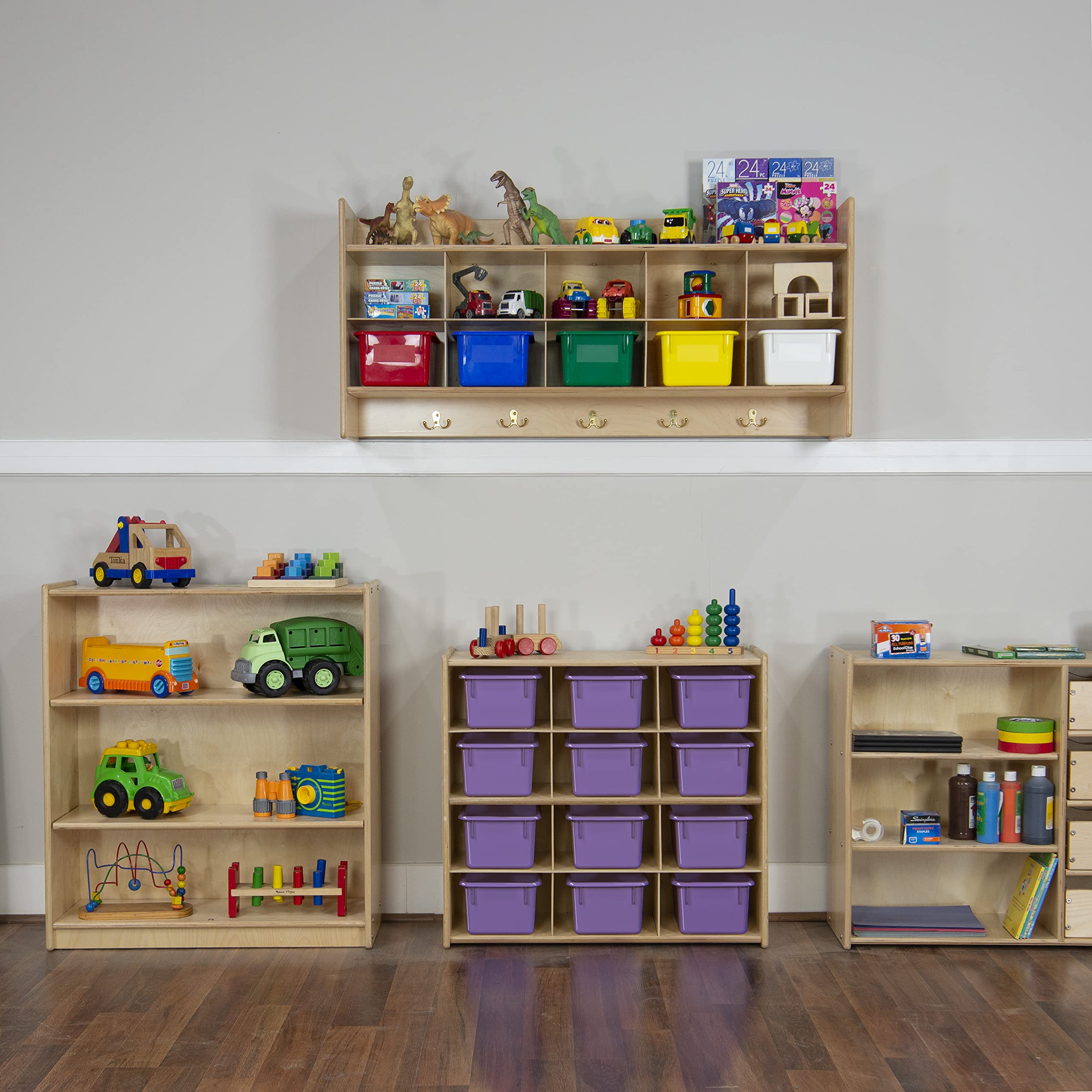 Contender 100% Birch Wood 12-Cubby Storage Cabinet with Purple Plastic Bins - Montessori Kids Organizer for Homeschool, Classroom & Kindergarten - Toy Storage, Book Organizer, Learning Supplies Shelf