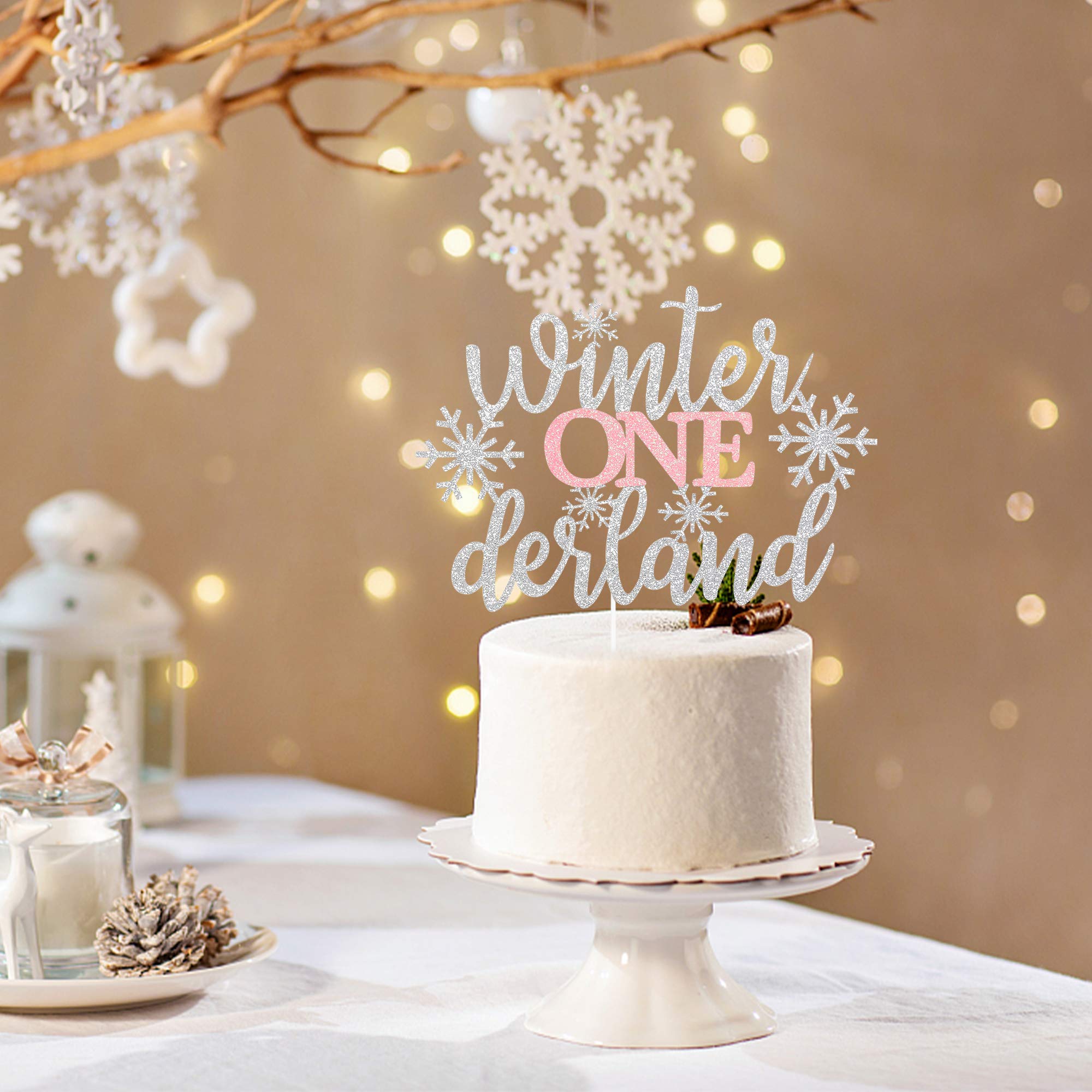 Silver & Pink Glitter Winter Onederland Cake Topper - 1st Birthday Cake Decorations for Winter Wonderland Theme Parties | Perfect for Baby's First Birthday, Gender Reveal & Holiday Celebrations
