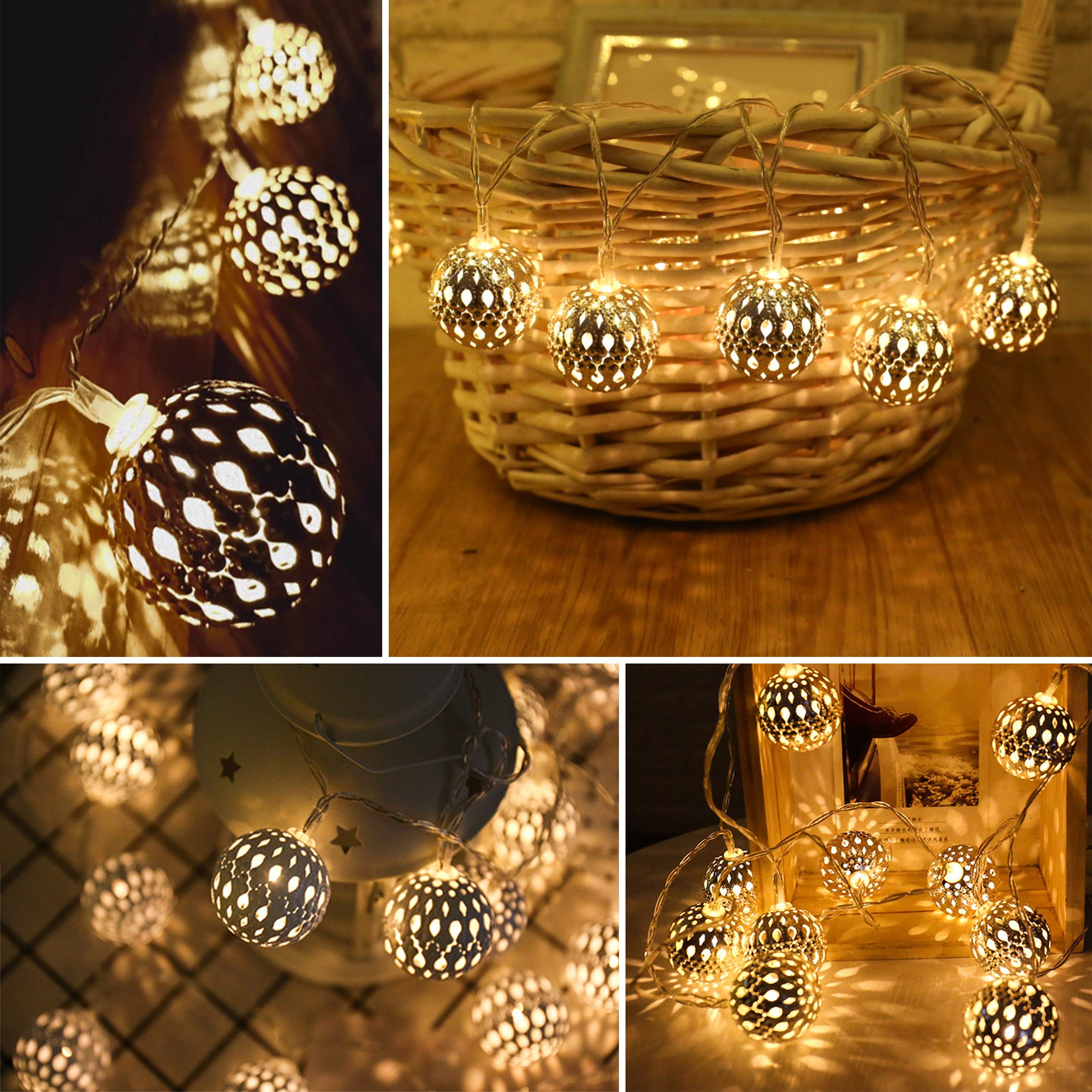 Battery Powered Moroccan String Lights - 40 Silver LED Globe Lights with Timer, Warm White for Wedding, Party, Holiday & Home Decor | 16 ft Auto On/Off | Perfect for Christmas, Birthday & Outdoor Events