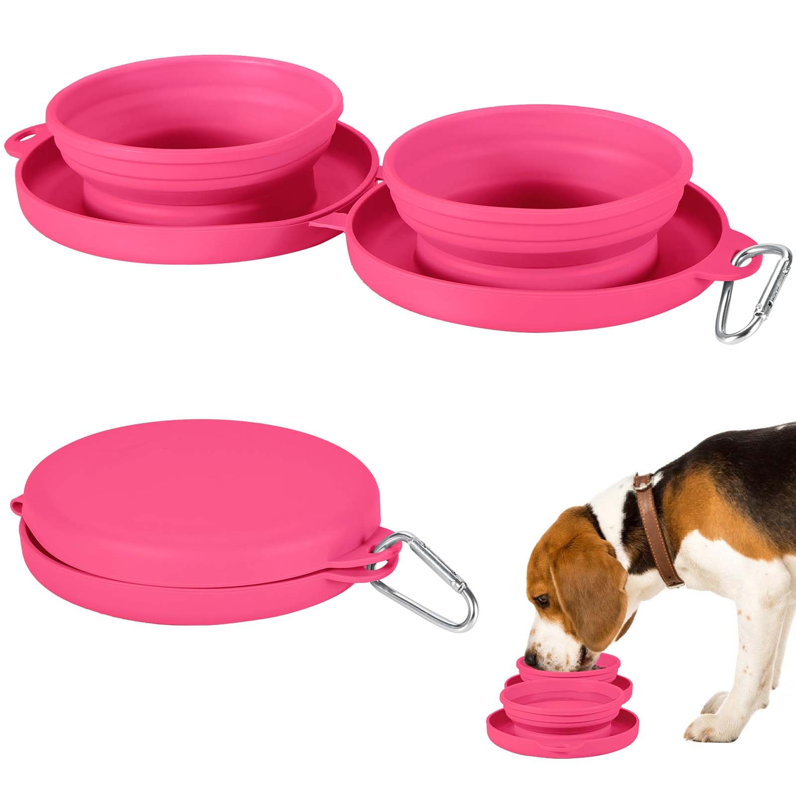 Foldable Collapsible Dog Water Bowl - 2 in 1 Portable Pet Food and Water Dish for Cats & Dogs with Carabiner Clip - Perfect for Travel, Hiking, Camping, Walking, Outdoor Adventures (Pink)