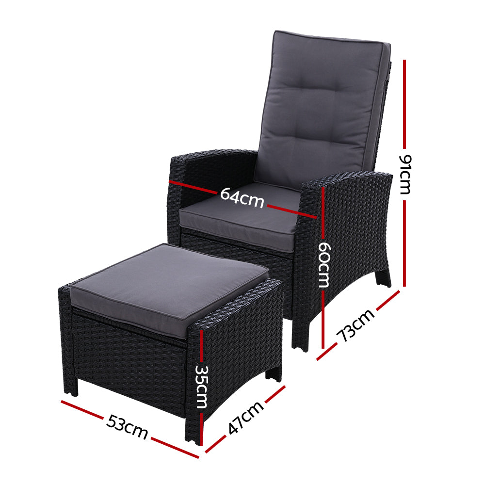 Elise Outdoor Recliner Chair with Ottoman - Patio Lounge Chair, Black - Perfect for Backyard, Poolside & Garden Relaxation