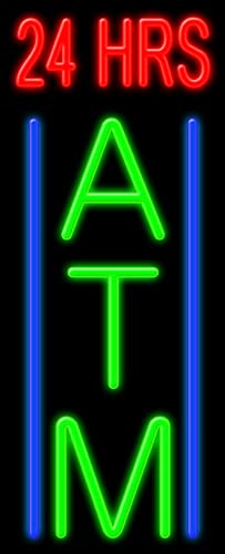 24 Hours ATM Neon Sign - Handmade in USA - Vintage Glass Bar Sign for Home, Office, or Business Decor