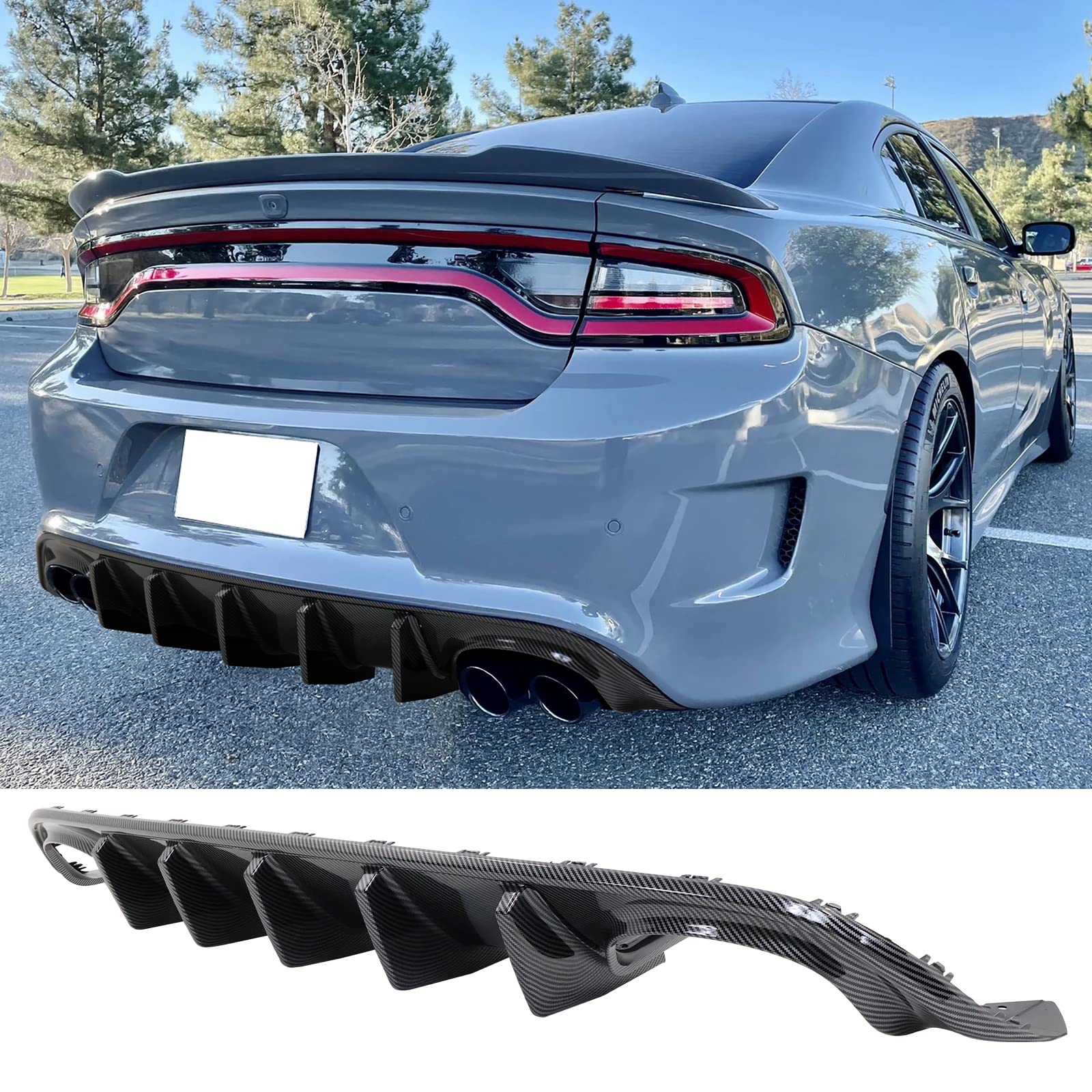 **FREEMOTOR802 Carbon Fiber Rear Bumper Diffuser Lip Shark Fins for 2015-2023 Dodge Charger Quad Exhaust - IKON V1 Style PP Material (2PCS) - Upgrade Your Ride with Sporty Look**    *(Perfect for car enthusiasts looking to enhance their Dodge Charger's rear styling with a sleek, aggressive carbon fiber design.)*