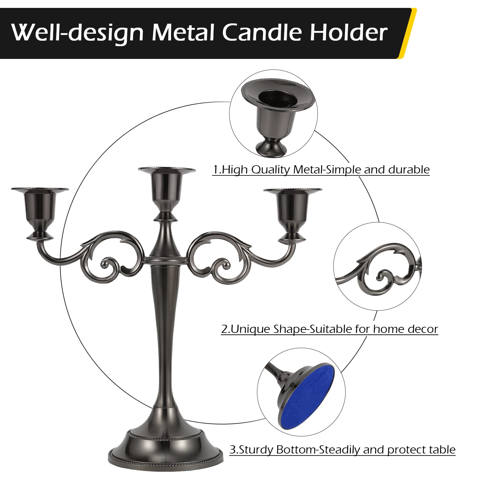 Dyna-Living 3-Arm Black Metal Candelabra Candle Holder for Long Candles - Elegant Wedding, Party & Anniversary Decor (Set of 2) - Perfect for Dining Table Centerpieces, Fireplace Mantels & Romantic Ambiance