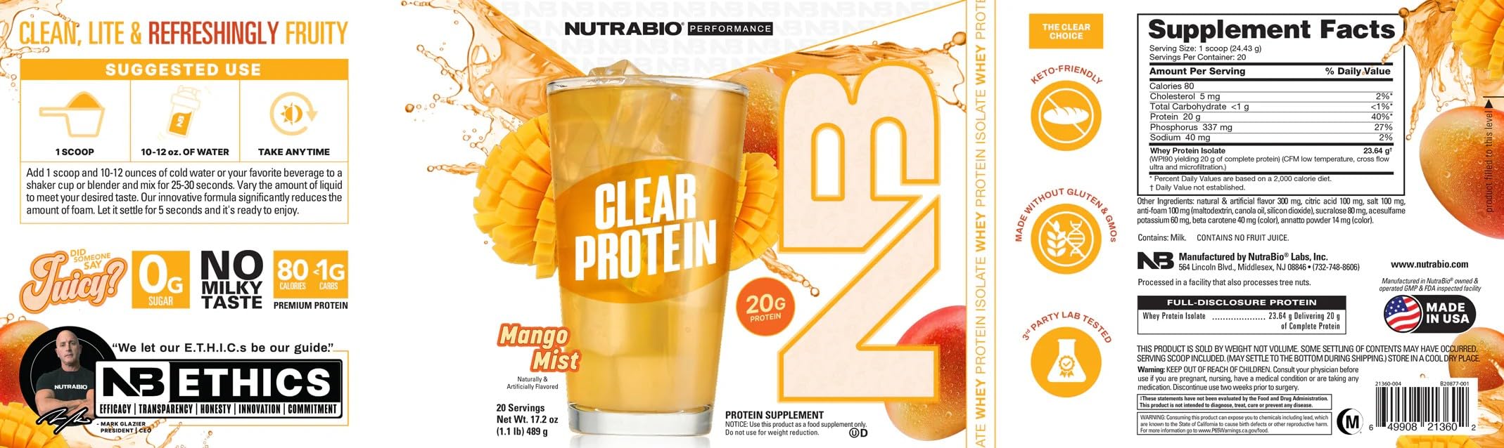 NutraBio Clear Whey Isolate Protein Powder - Refreshing Mango Mist Flavor, Zero Sugar, No Foam, No Milky Taste - 20 Servings for Post-Workout Recovery & Healthy Lifestyle