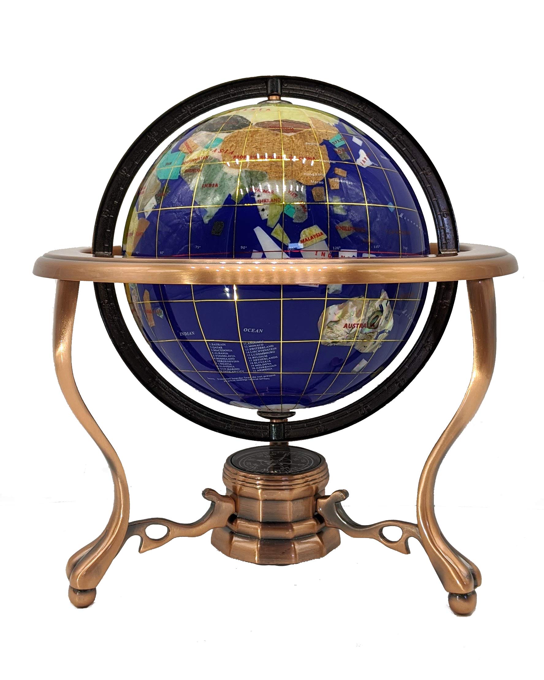 10-Inch Blue Lapis Ocean Gemstone World Globe with Copper Tripod Stand - Unique Art Tabletop Decor for Home, Office & Gift Giving - Perfect for Geography Lovers & Meditation Spaces