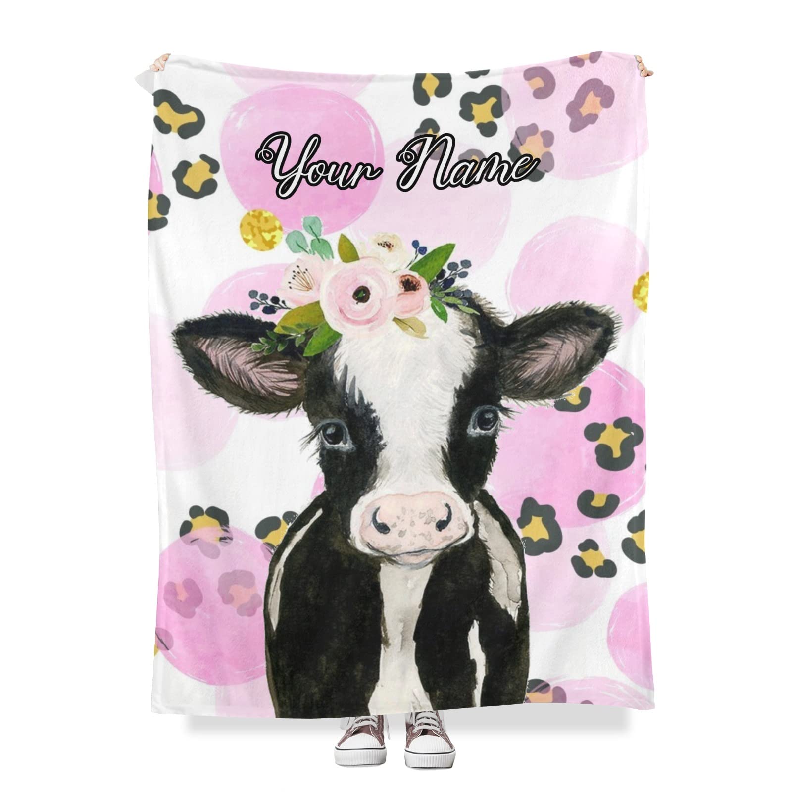 Personalized Pink Circles & Leopard Cow Print Fleece Blanket - 60x80 Inch Super Soft Custom Name Throw for Men & Women - Perfect Wedding, Anniversary & Housewarming Gift for Couples