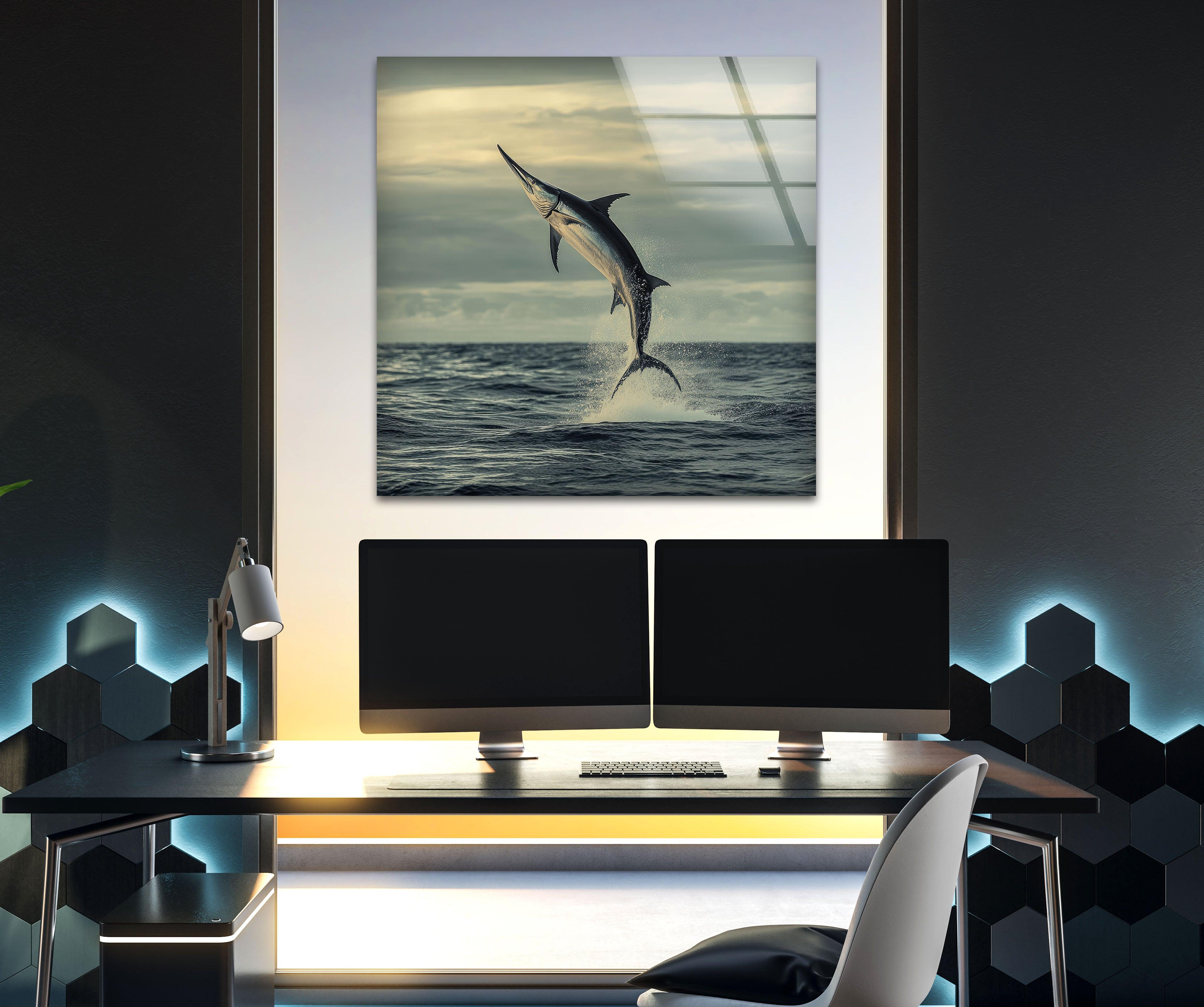 Handcrafted Swordfish Glass Wall Art - Ocean Themed Home Decor for Living Room, Bedroom & Office - Unique Sea Life Gift Idea