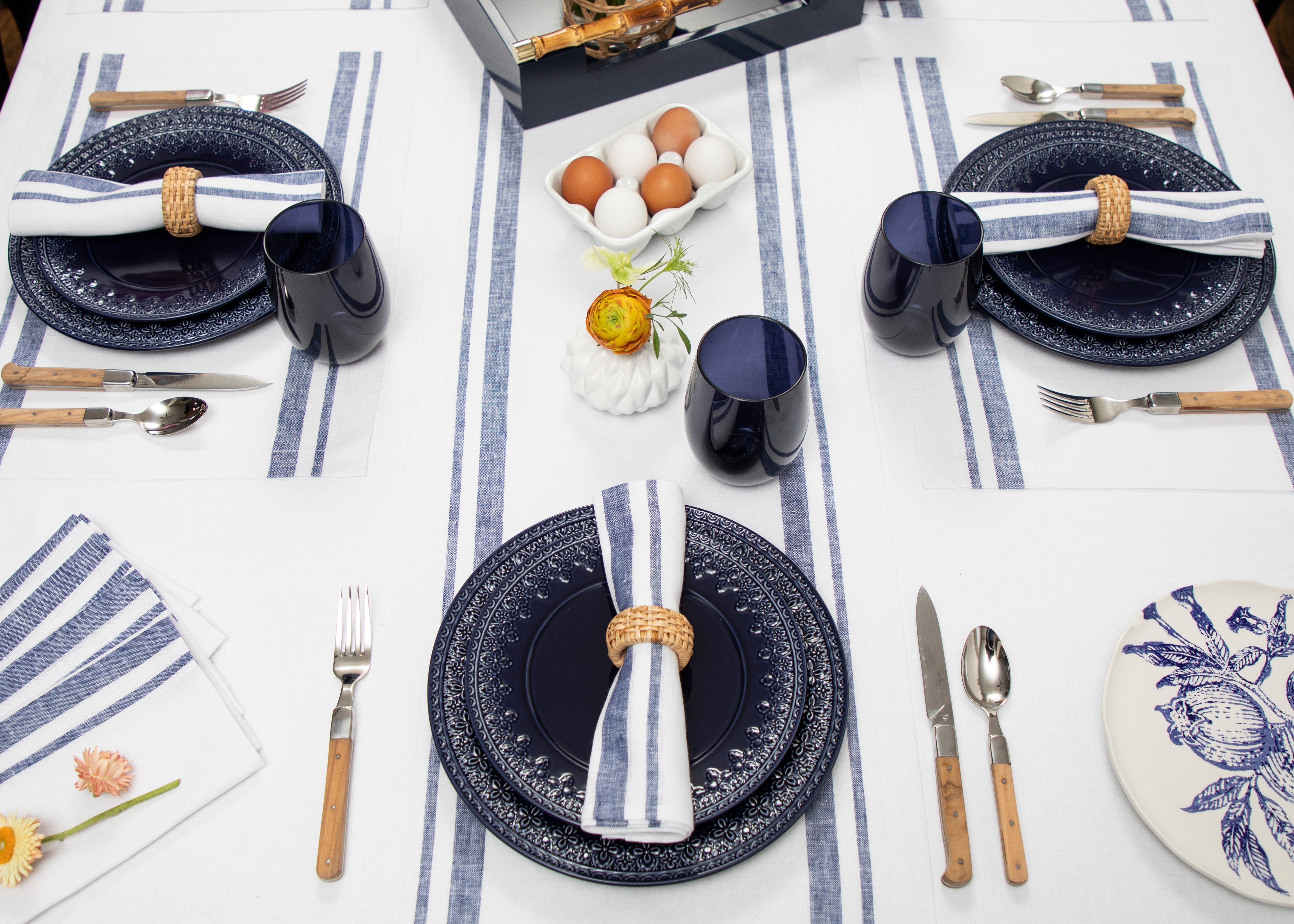 French Striped Table Runner - 16 Inch Wide Cotton Linen Blend for Dining Room Decor & Wedding Table Setting