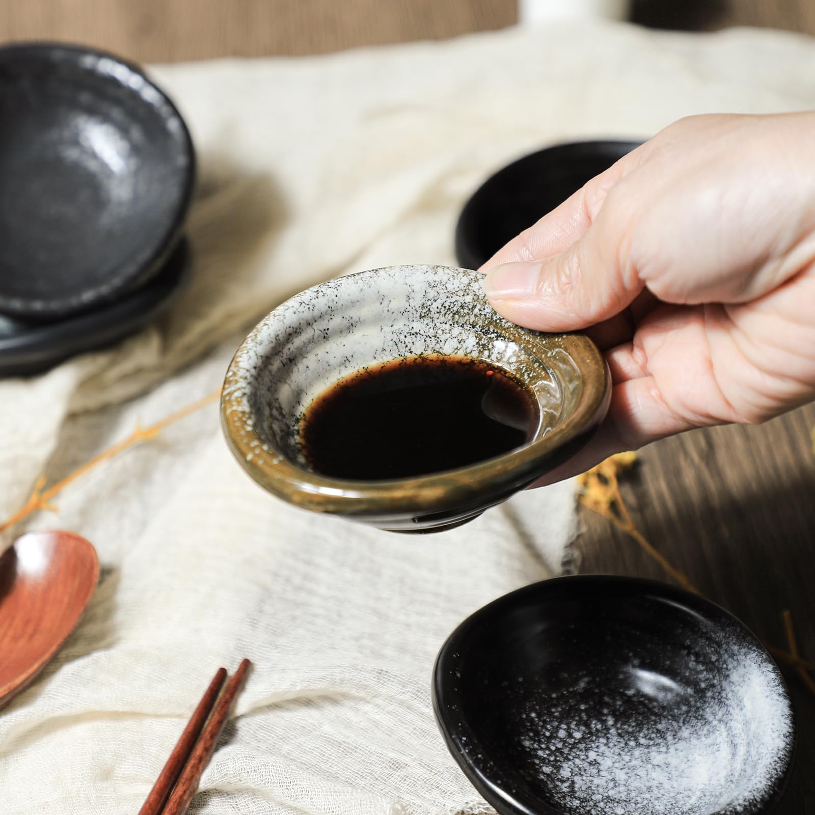 Vintage Japanese Ceramic Side Dishes Set of 5 - 3.5 Inch Retro Black Dipping Bowls for Soy Sauce, Seasonings & Condiments - Perfect for Sushi, Ramen, Dumplings & Asian Dining Experience