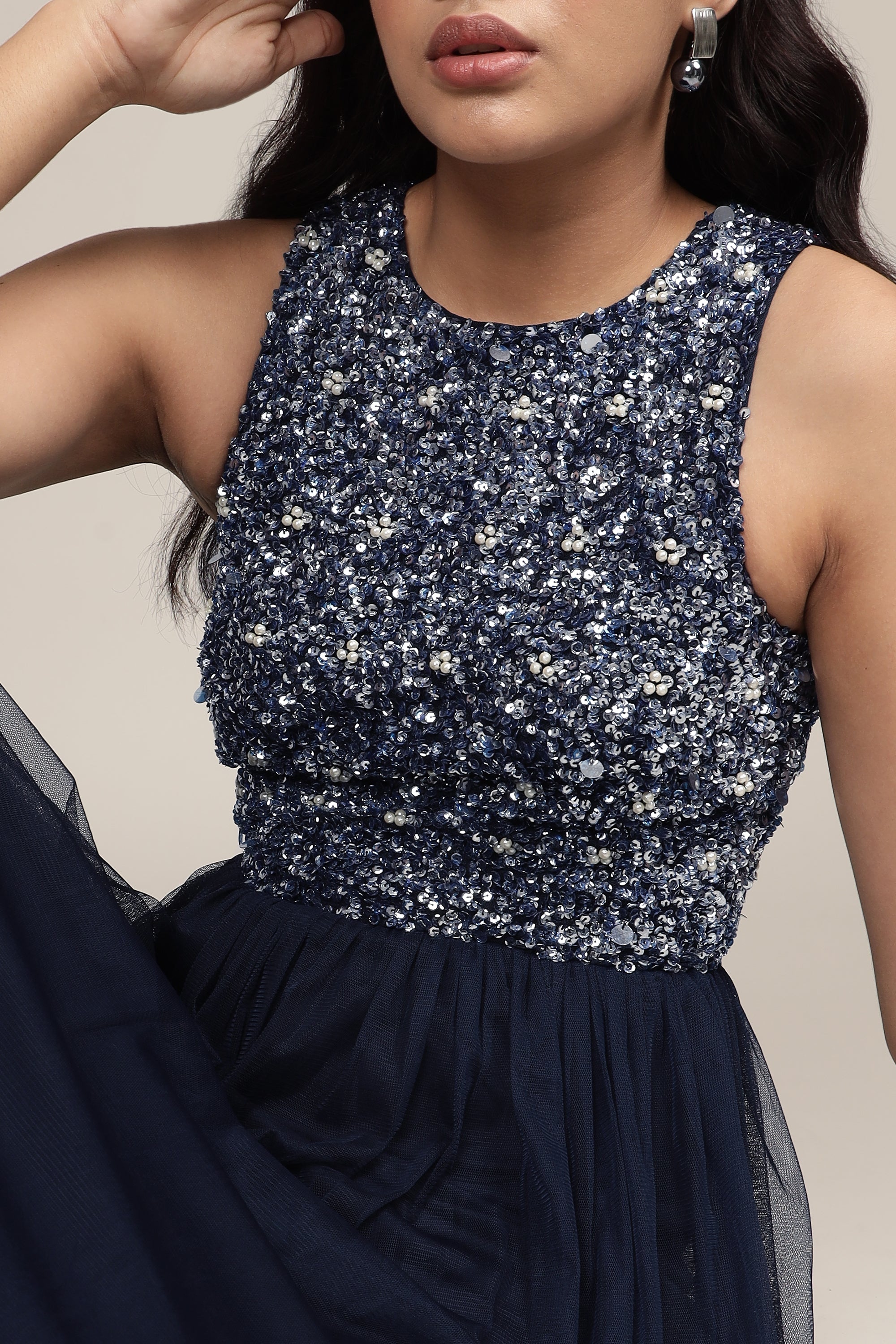 Picasso Embellished Maxi Dress - Navy Blue Pearl Bead Evening Gown for Women | Elegant Formal Wear for Weddings, Galas & Special Occasions