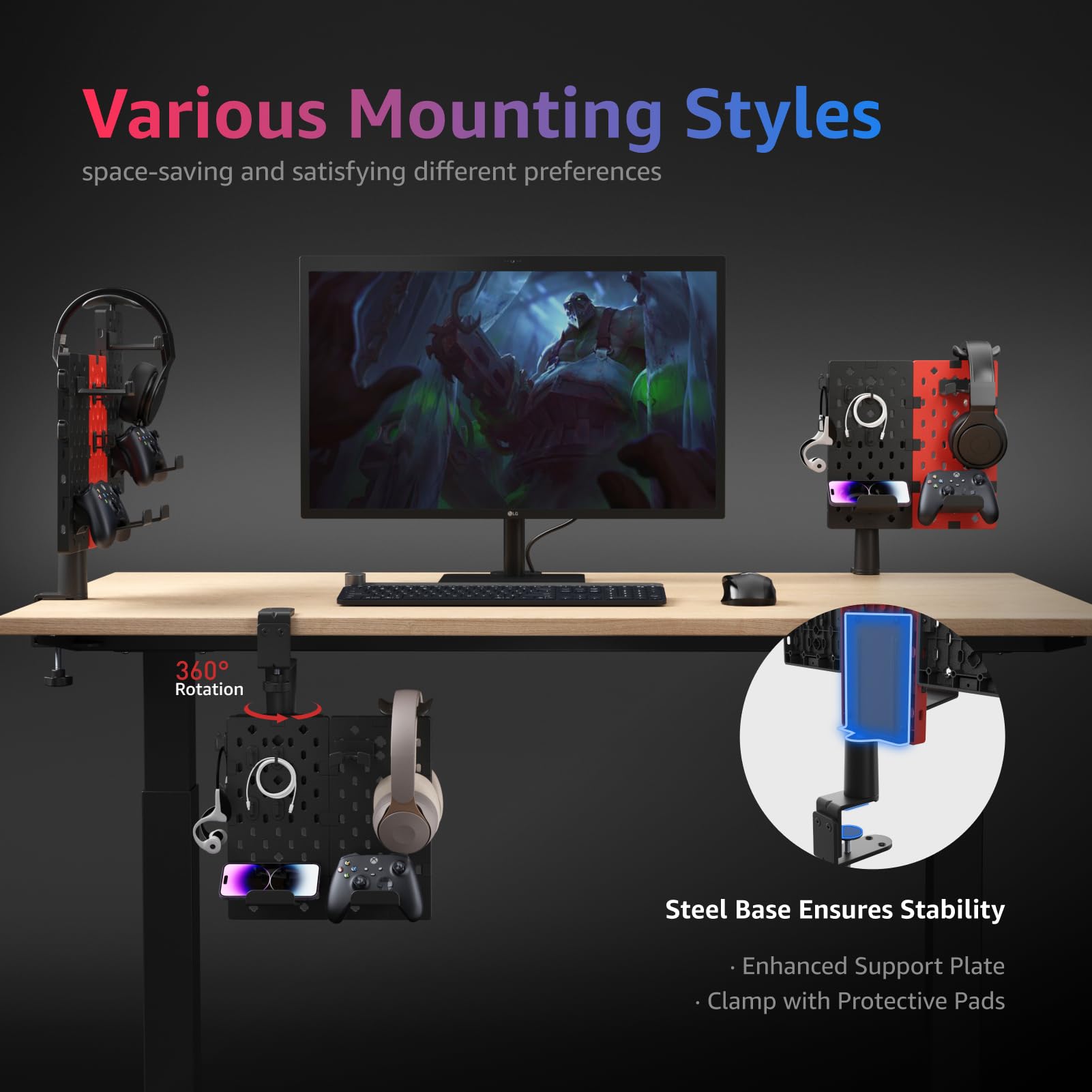 PEGZONE Modular Headphone & Controller Holder for Xbox PS5 PS4 Nintendo Switch - Rotating Gaming Accessories Organizer with Cable Hooks & Clamp-on Desk Pegboard (2Pcs, Red) - Perfect for Gaming Setup & Desk Organization