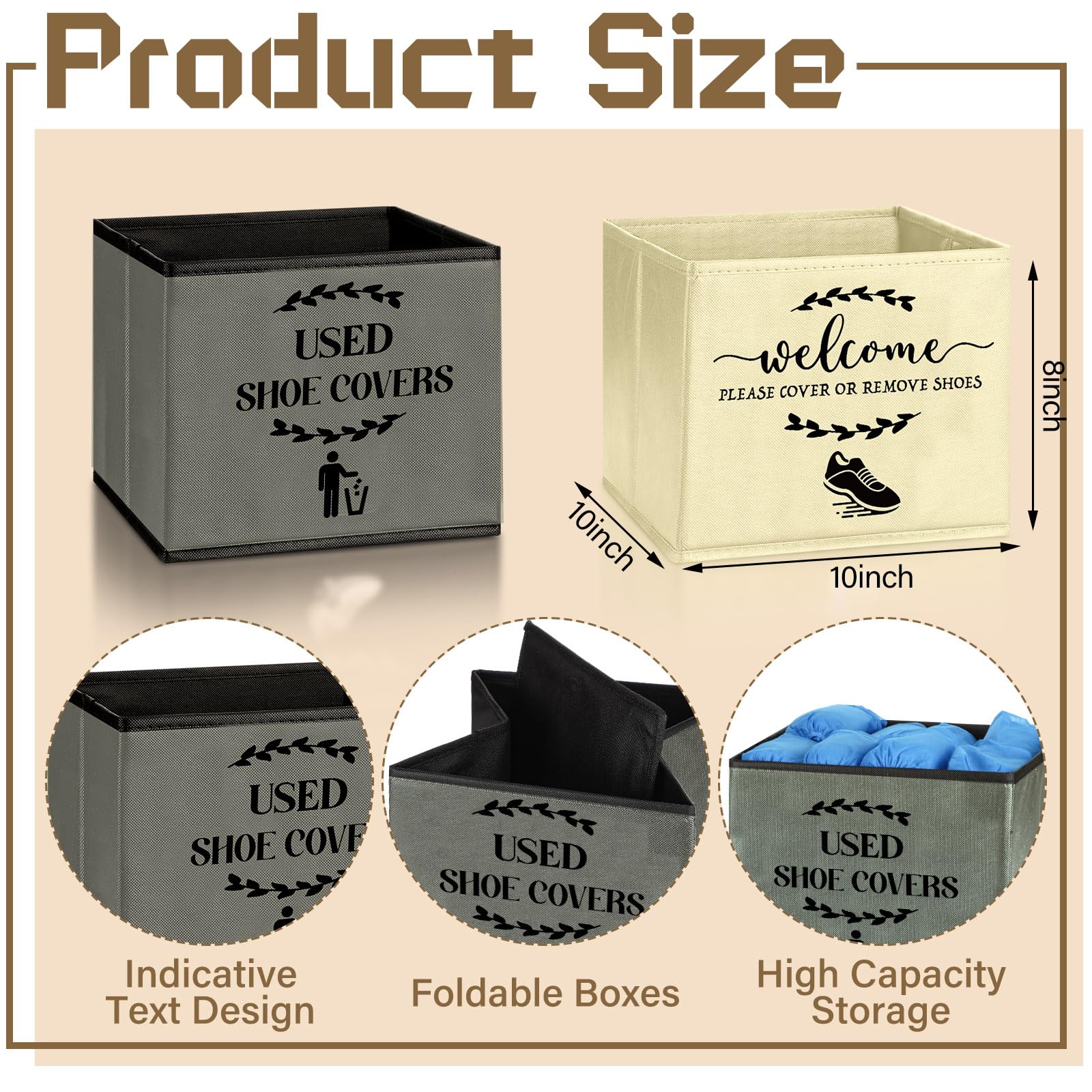 2 Pack Foldable Shoe Cover Dispenser Box with Used Shoe Cover Bin & Welcome/Remove Sign - Dark Gray & Beige for Open House, Real Estate Showings & Home Visits