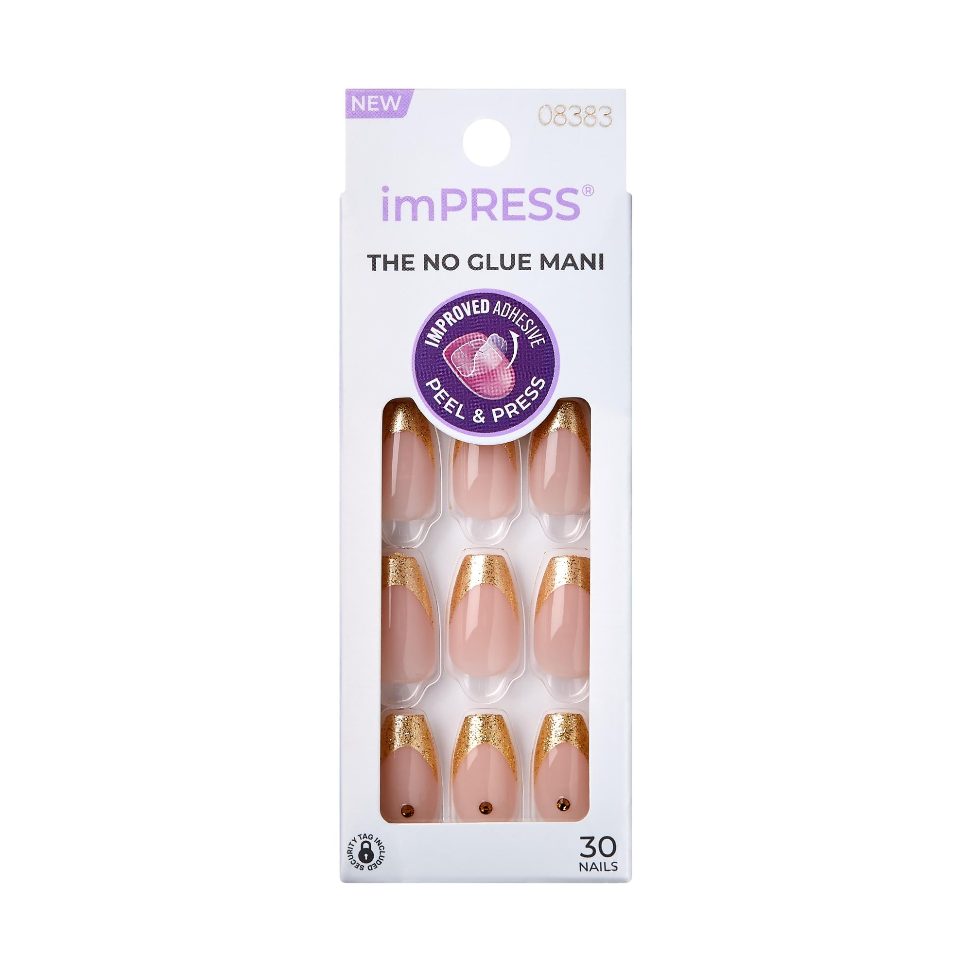 KISS imPRESS No Glue Manicure Kit - 30 Pcs Medium Coffin Press On Nails with Gold French Tip Design | Easy Peel & Press Application, Hassle-Free Removal | Perfect for Parties, Weddings & Everyday Wear | Includes Essential Nail Tools