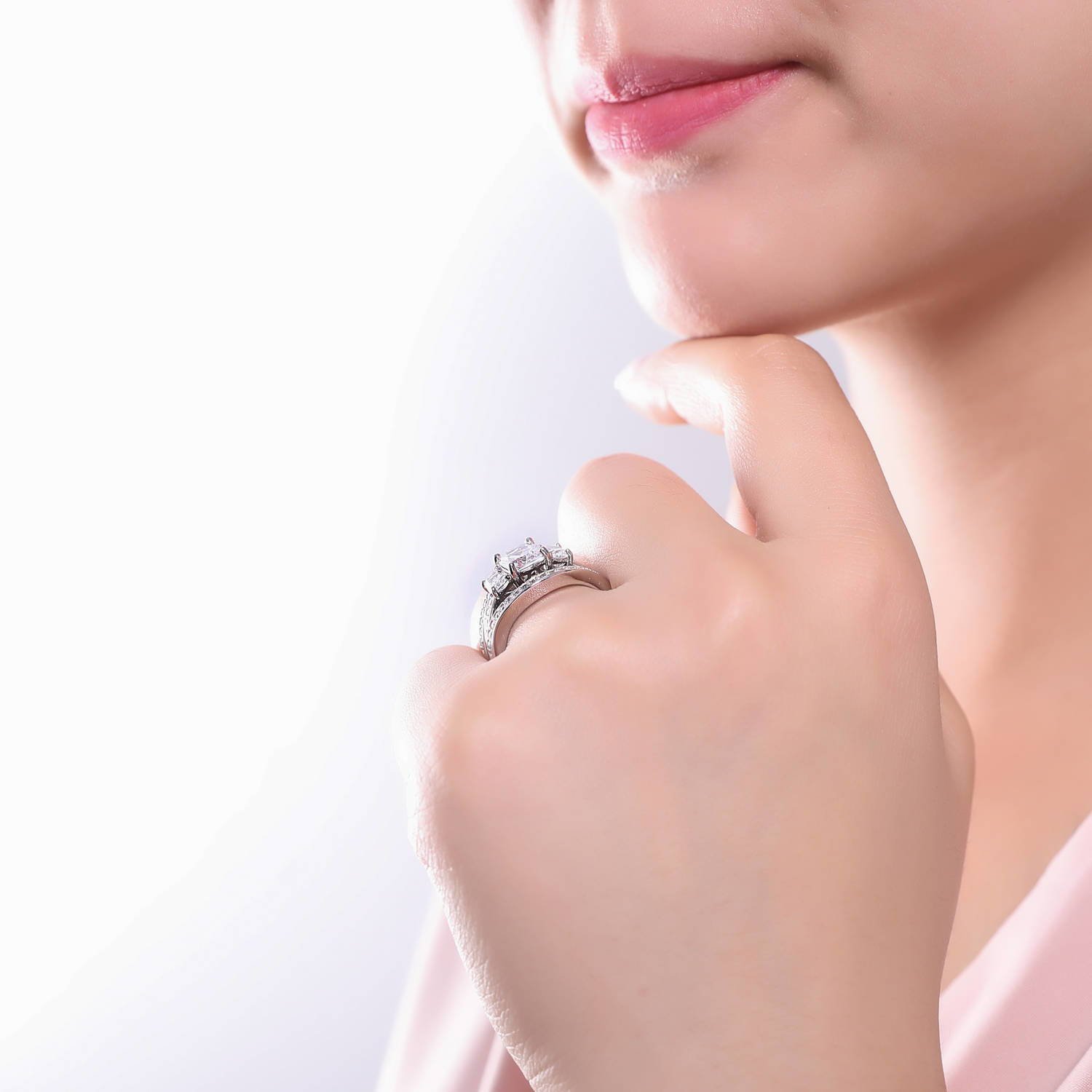 BERRICLE Sterling Silver 3-Stone Wedding & Engagement Ring Set - 2.6 Carat Cushion Cut Cubic Zirconia CZ for Women, Rhodium Plated, Size 4-10 - Perfect for Proposals, Anniversaries & Special Occasions