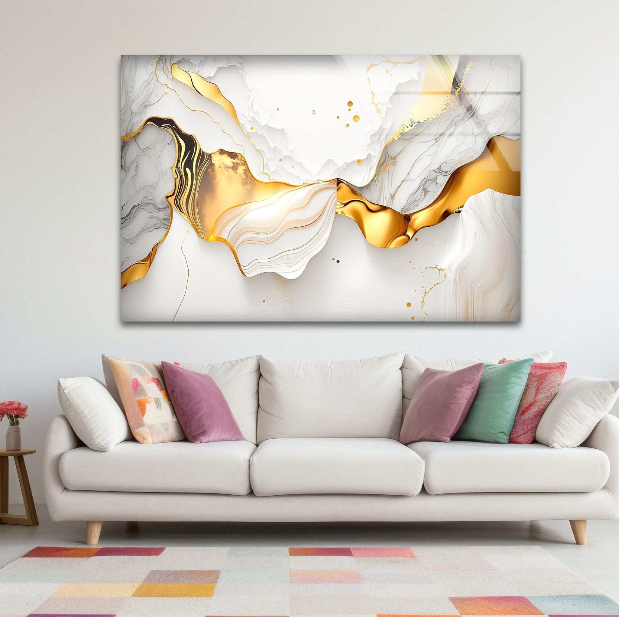 Abstract Golden Waves Glass Wall Art - Modern Home Decor for Living Room, Bedroom & Office - Elegant Handmade Glass Artwork for Stylish Interior Design