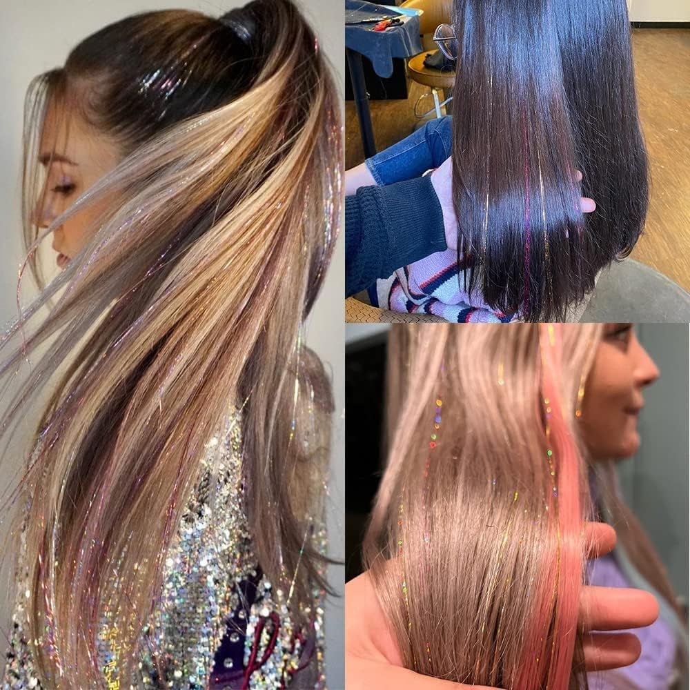 6pcs Hair Tinsel Extensions (40 Inch, 6 Colors, 2400 Strands) - Shimmery Fairy Hair Glitter for Highlights & Party Hairstyles - Perfect for Festivals, Weddings & Special Occasions