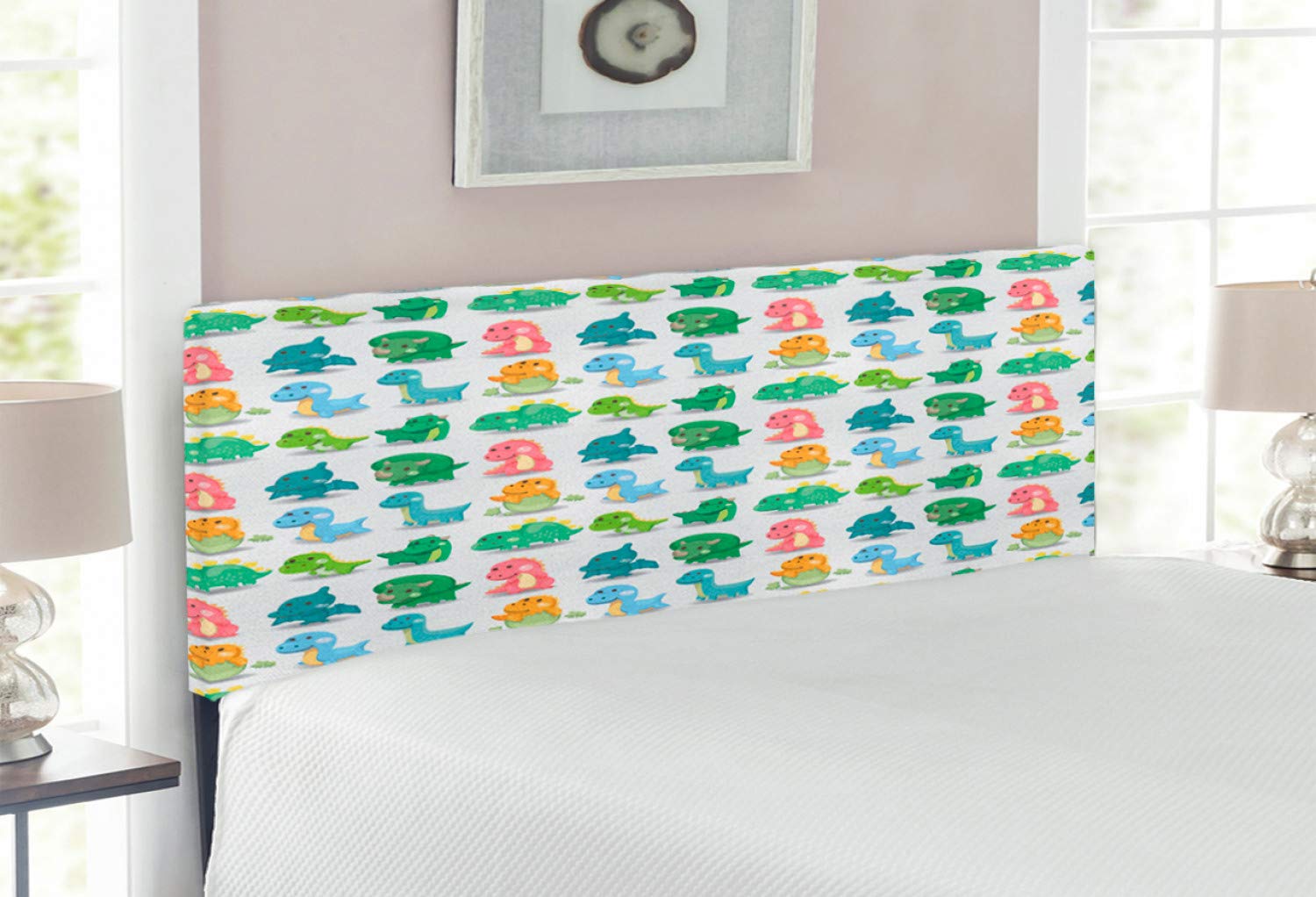 Ambesonne Full Size Upholstered Headboard with Memory Foam - Colorful Dinosaur Pattern, Fantasy Beast Design in Green Turquoise & Marigold for Kids' Bedroom Decor | Perfect for Jurassic Theme Nursery, Teen Room or Dinosaur Lover's Bedroom