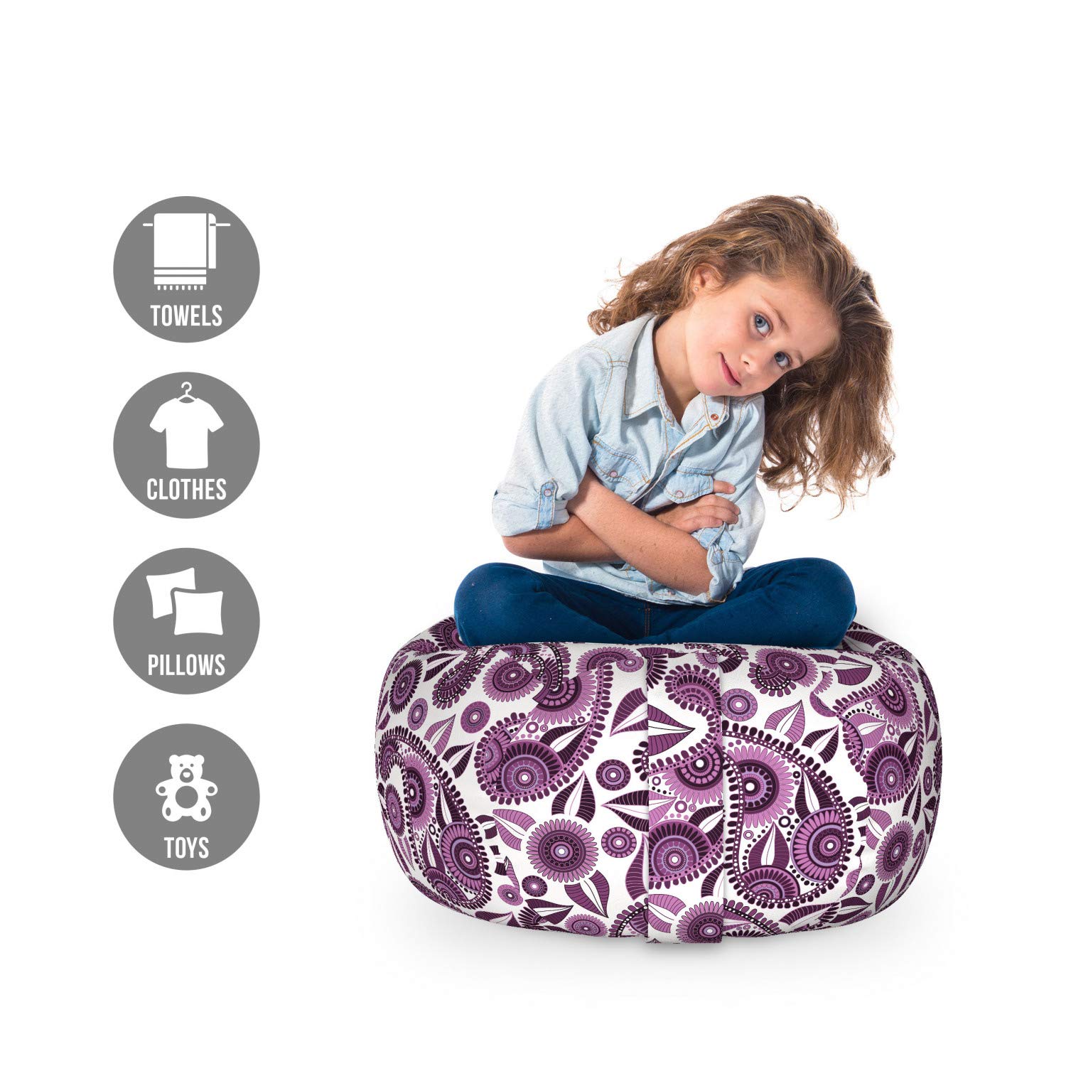 Ambesonne Purple Paisley Toy Storage Bag Chair - Floral Leaf Pattern Stuffed Animal Organizer - Washable Small Size in Pale & Dark Purple - Perfect for Kids' Room, Playroom & Nursery Organization