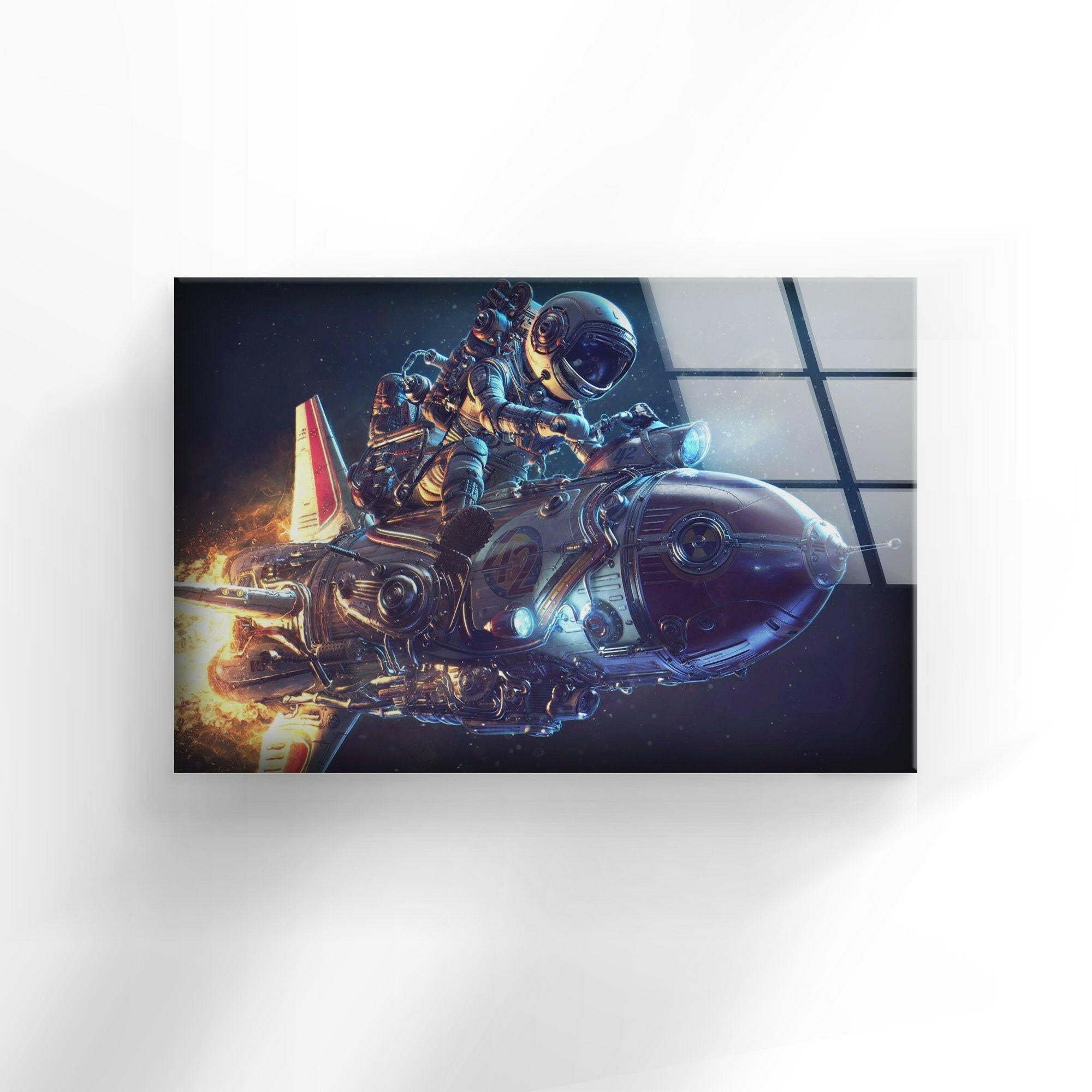 Astronaut Riding Rocket Space-Themed Glass Wall Art - Perfect for Kids Room Decor, Office & Sci-Fi Lovers