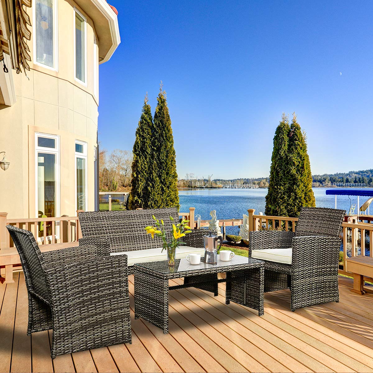 Casart 4-Piece Rattan Sofa Set with Cushioned Chairs & Coffee Table - Outdoor Wicker Patio Furniture for Garden, Poolside, and Backyard Relaxation