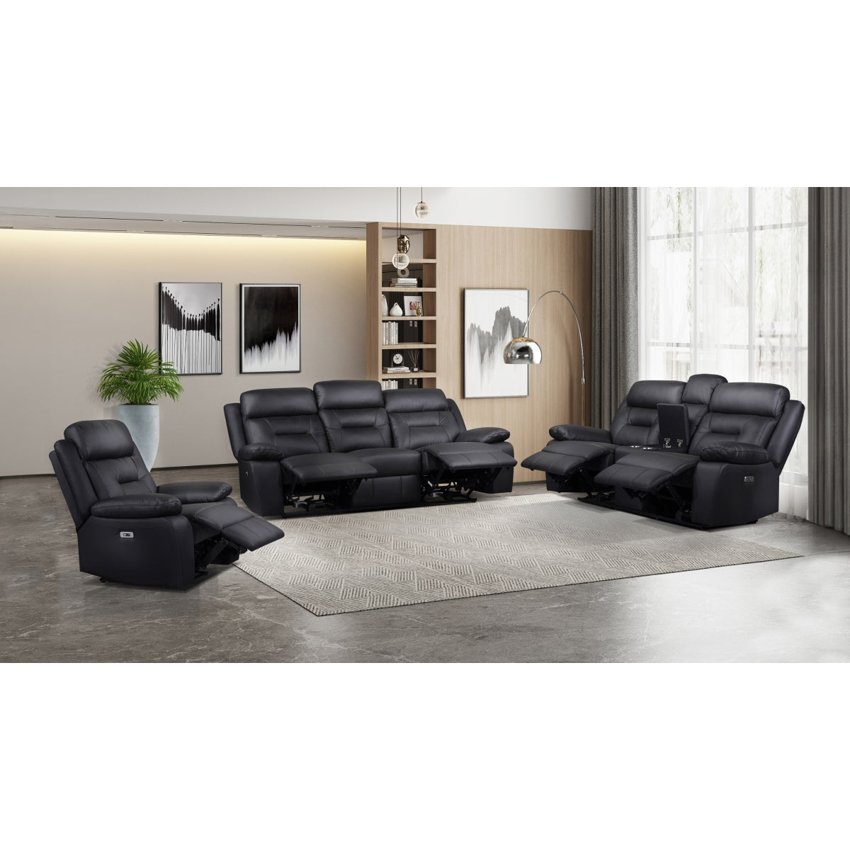 Premium Black Leather Power Reclining Loveseat with USB Charging Ports & Cup Holders - Modern Living Room Furniture for Relaxing & Entertaining