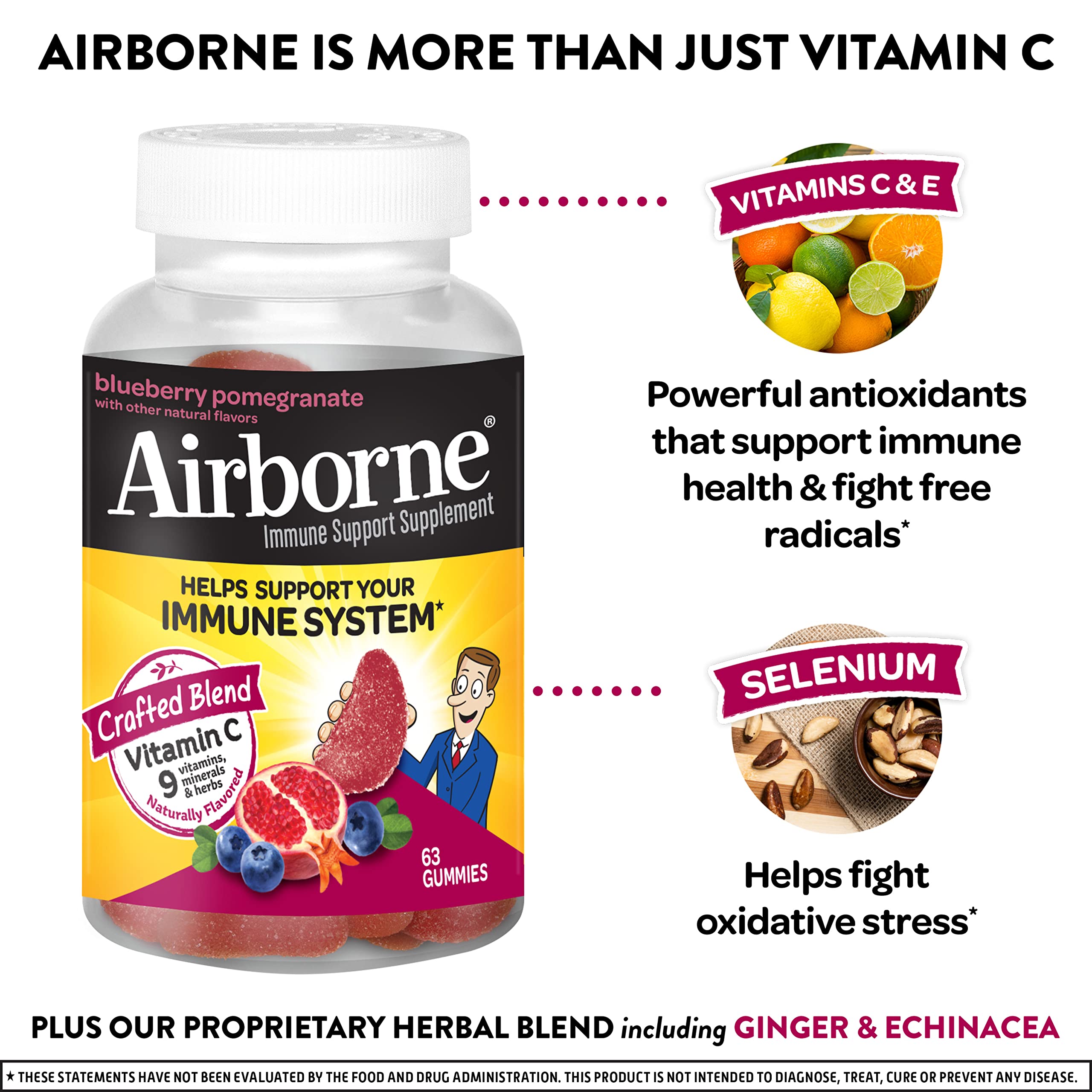 Airborne 750mg Vitamin C Gummies for Adults - Immune Support Supplement with Antioxidants Vitamins A, C & E - 63 Count Blueberry Pomegranate Flavor Gummy Vitamins - Boost Immunity & Energy for Workouts, Travel & Daily Wellness