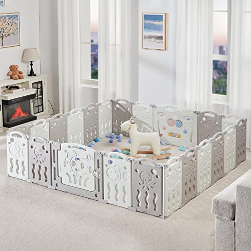 Albott Baby Playpen - 22 Panel Foldable Play Yard with Game Panel & Safety Gate, Adjustable Shape for Indoor/Outdoor Use - Safe Play Area for Toddlers & Kids (White+Grey) - Perfect for Home, Daycare, Park & Travel
