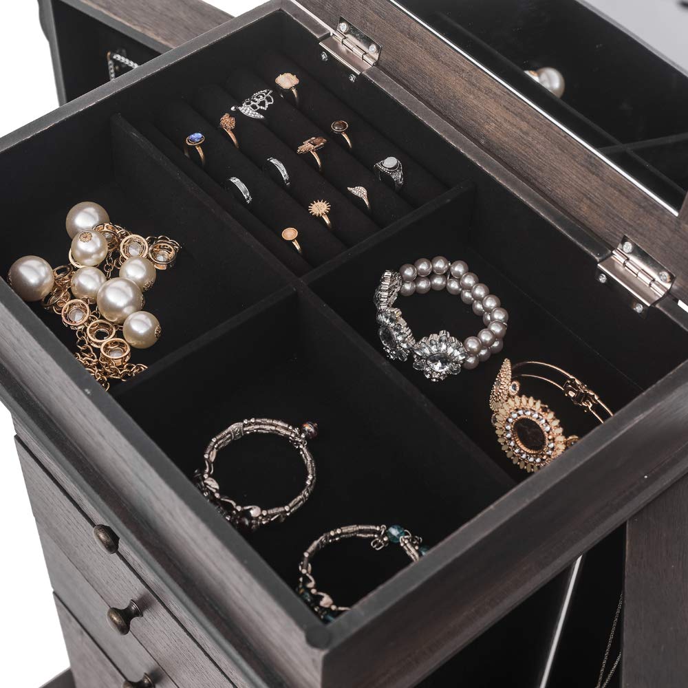 GT2-LC Standing Jewelry Armoire with Full-Length Mirror - 5 Drawers & 8 Necklace Hooks - Jewelry Storage Cabinet with Top Organizer & 2 Side Doors (Grey) - Perfect for Bedroom, Closet & Dressing Room Organization