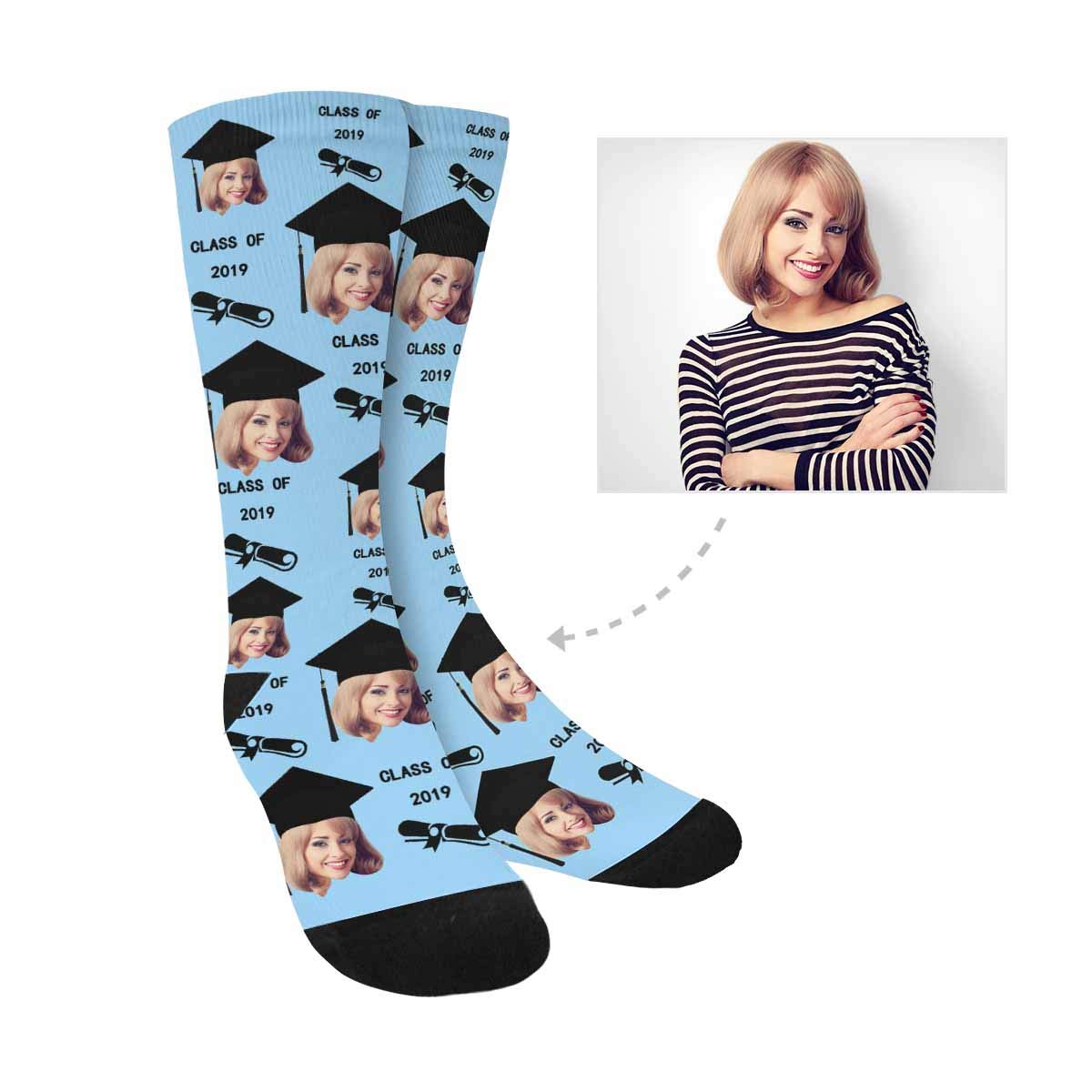 Custom Photo Face Socks - Personalized Graduation Gift for Class of 2020 - Unisex Text Crew Socks - Perfect for Graduation Parties, School Reunions & Unique Gifts