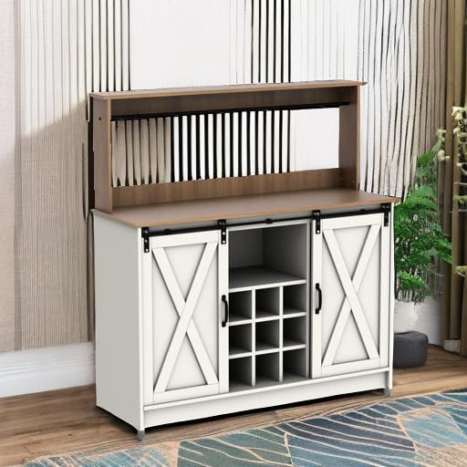 Farmhouse Coffee Bar Cabinet with 6 Hooks & 9 Wine Racks - 47
