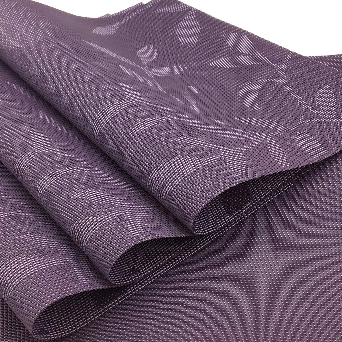 Gugrida 6-Piece PVC Woven Vinyl Placemats Set - Natural Color with Purple Leaves Design | Waterproof & Heat-Resistant Table Mats for Dining Room, Kitchen, and Outdoor Picnics