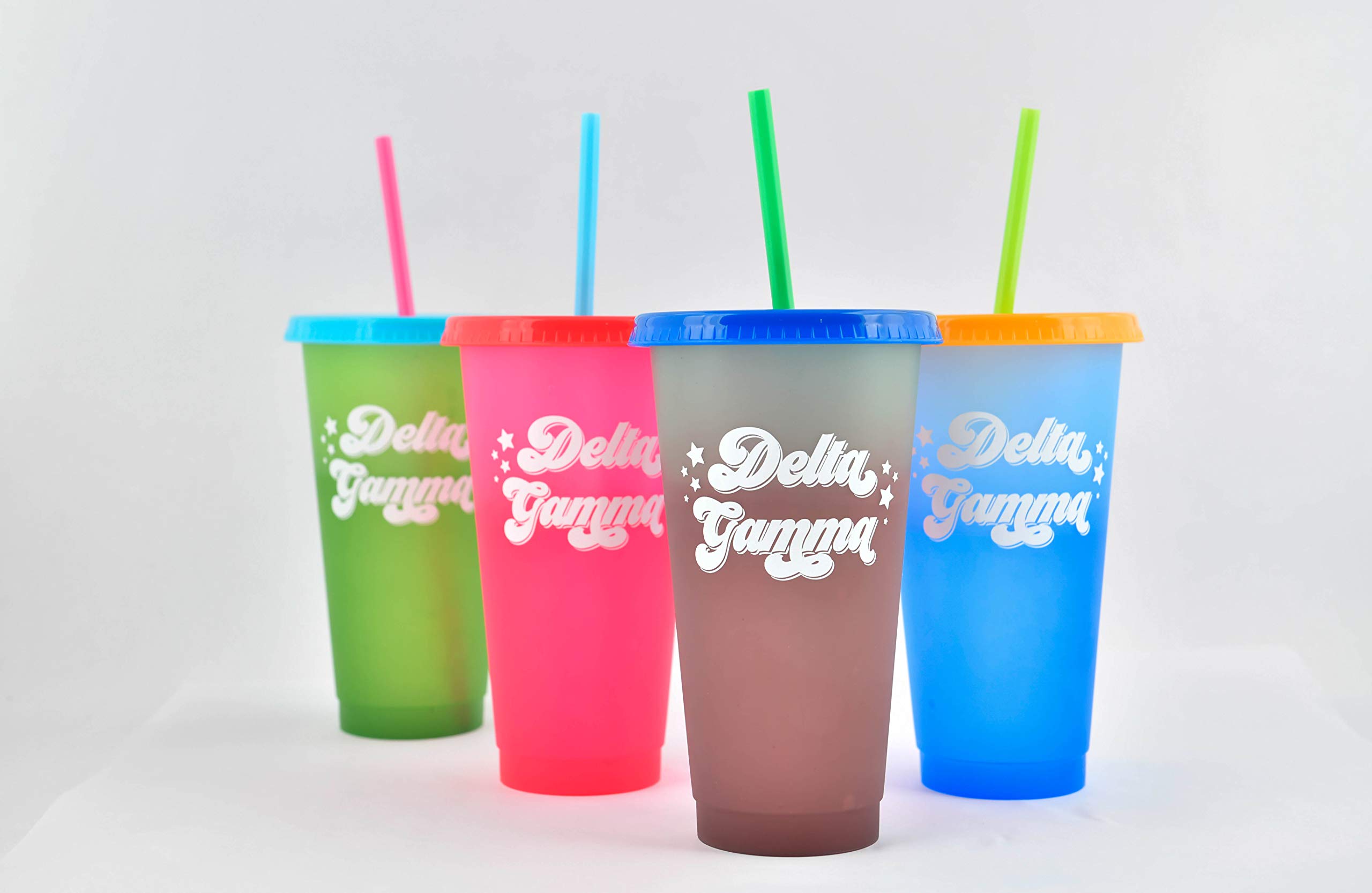 Delta Gamma Color Changing Cups - 24 Oz Reusable Tumblers with Lids & Straws, Pack of 4 | Sorority Drinkware for Parties, Beach & Dorm | Insulated Retro Design Mix & Match Cups