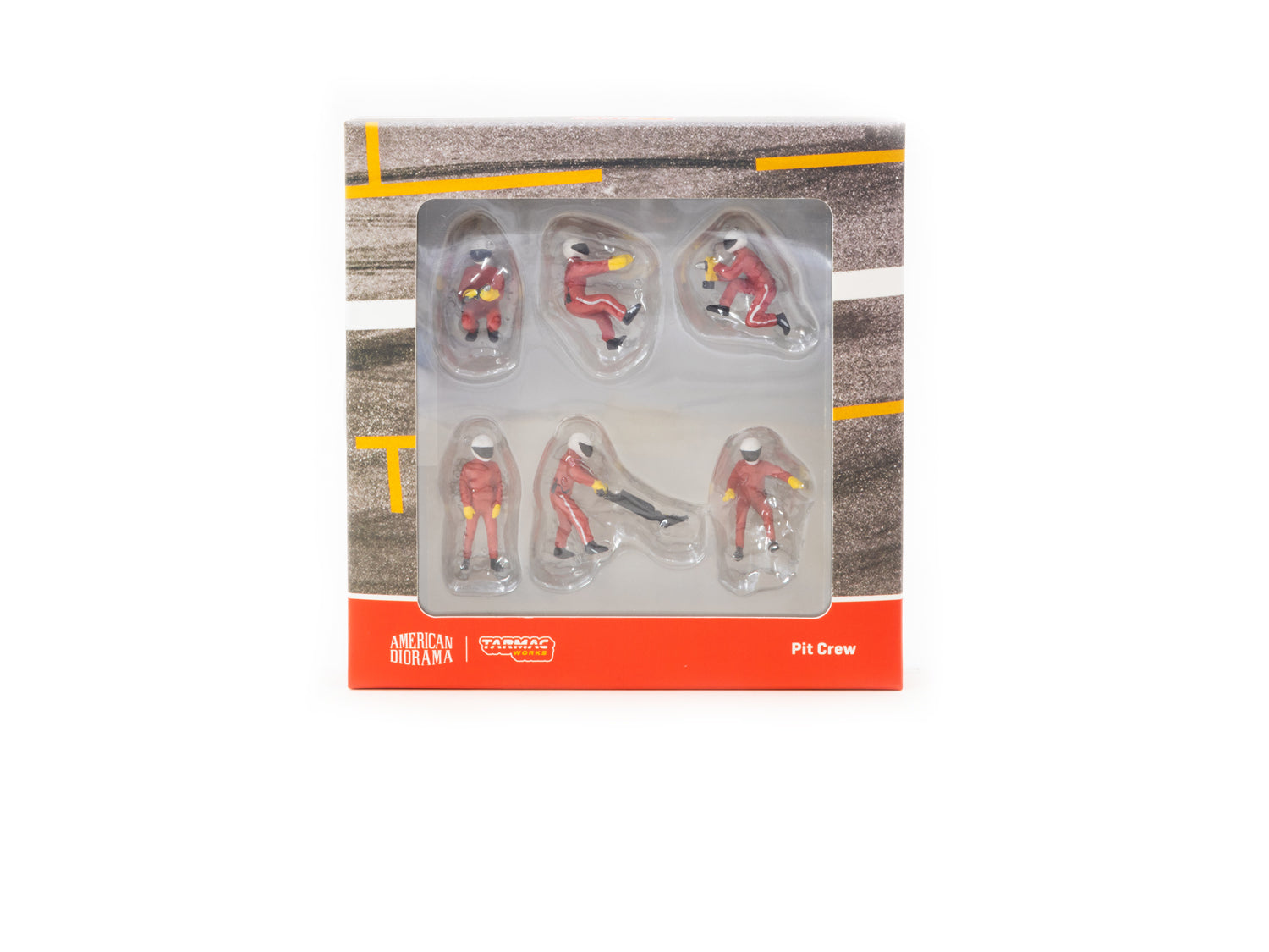 American Diorama x Tarmac Works 1/64 Scale Pit Crew Red Figures Set - COLLAB64 - Perfect for Model Car Displays & Diorama Scenes
