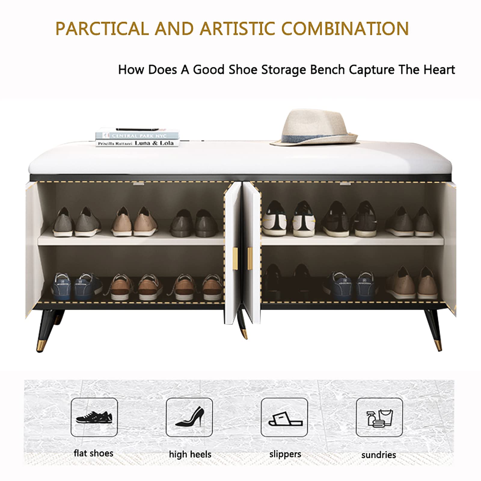 U&Q Modern Shoe Storage Bench with Hidden Shoe Rack - White Upholstered Entryway Organizer Cabinet (35x12x20 inches) | Space-Saving Shoe Bench for Hallway, Bedroom & Closet Organization