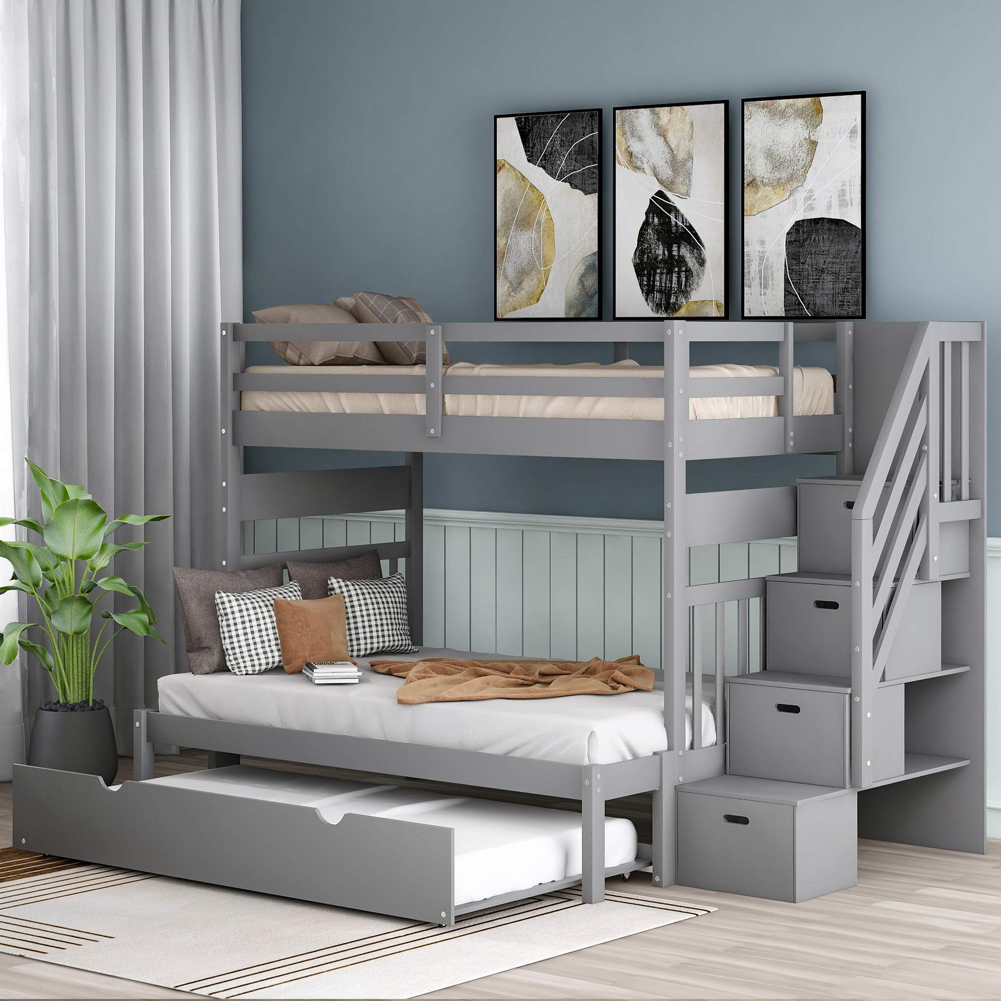SOFTSEA Twin Over Twin Bunk Beds with Trundle - Wooden Kids Bunk Bed with Stairs, Convertible Bottom Bed, No Box Spring Needed - Space-Saving Solution for Kids' Bedrooms, Guest Rooms & Small Spaces (Gray)
