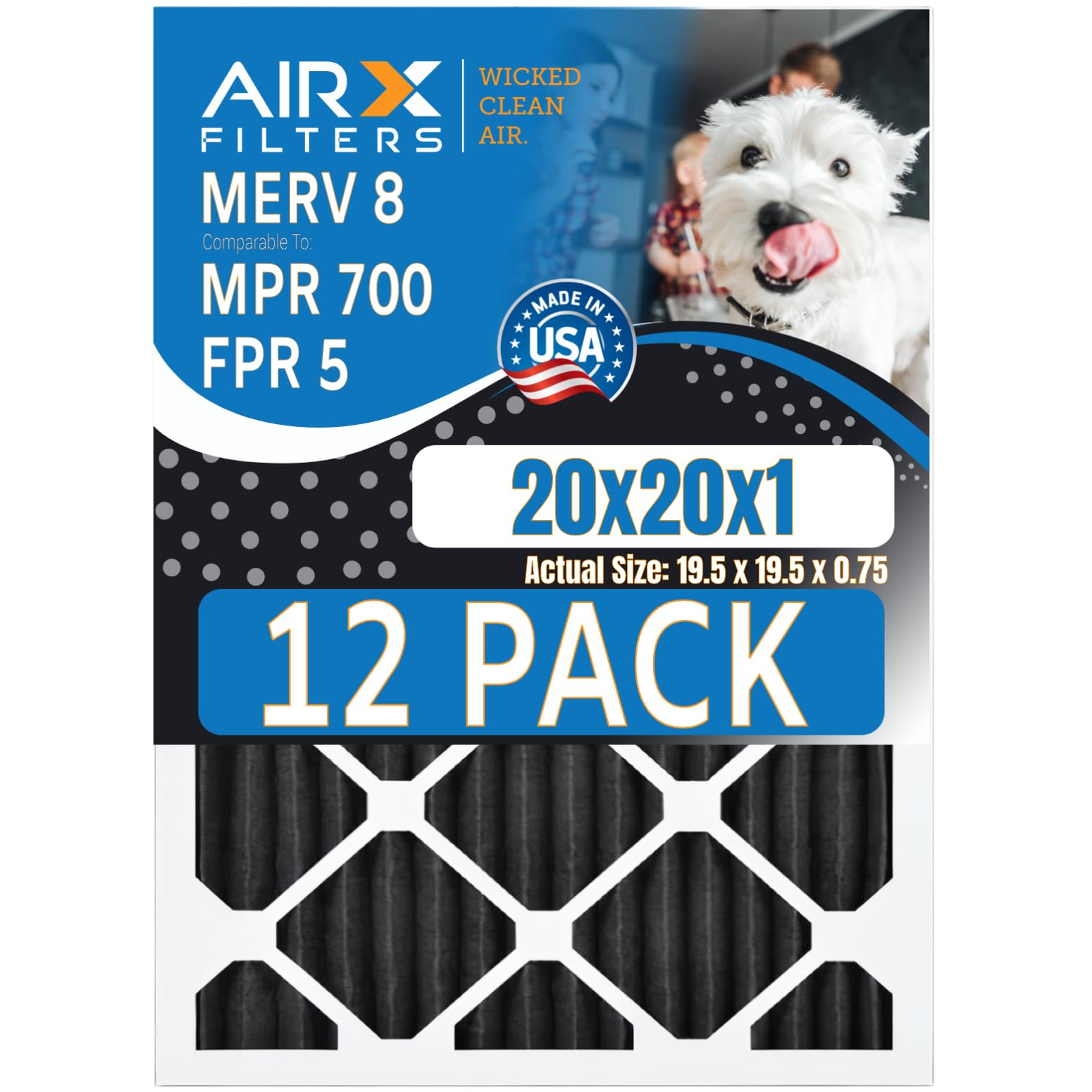 20x20x1 MERV 8 Air Filter - 12 Pack Furnace Filters (MPR 700, FPR 5 Rated) | Pet Hair & Odor Reduction | Made in USA by AIRX FILTERS | Perfect for HVAC Systems, Homes with Pets & Allergies