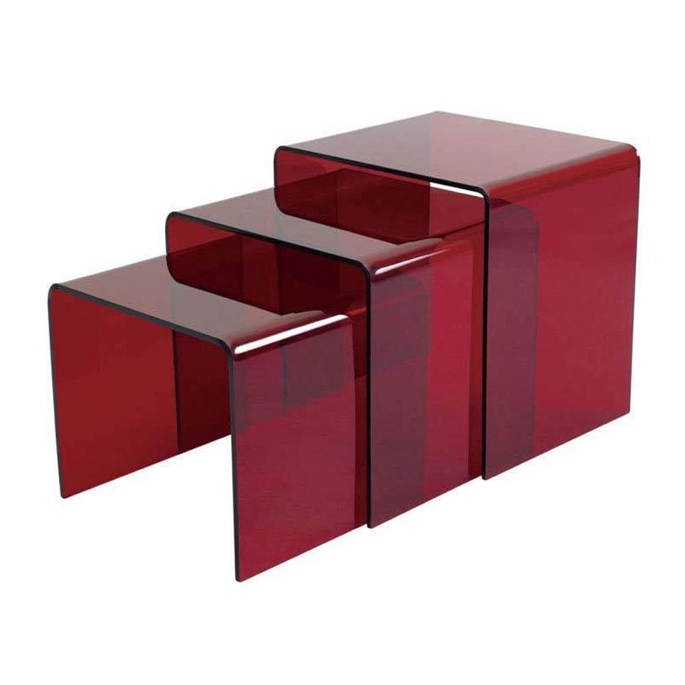 Modern Glass Coffee Table Set - 3-Piece Transparent Nesting Tables with Red Accents for Living Room, Office & Small Spaces | Stylish Decorative Side Tables for Home Decor