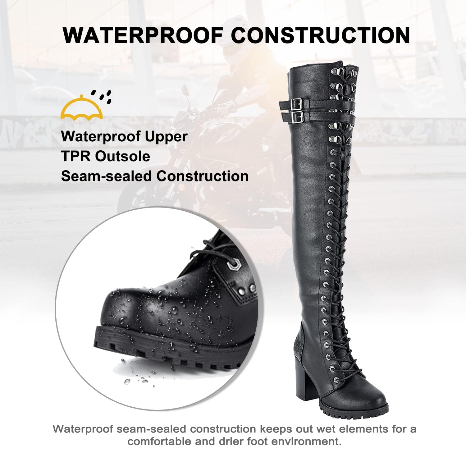 Dream Apparel Women's Faux Leather Over The Knee Thigh High Boots - Black Lace Up Knee High Boots with Chunky Heel & Buckle | Sexy Biker Boots for Night Out, Party & Fashion Streetwear