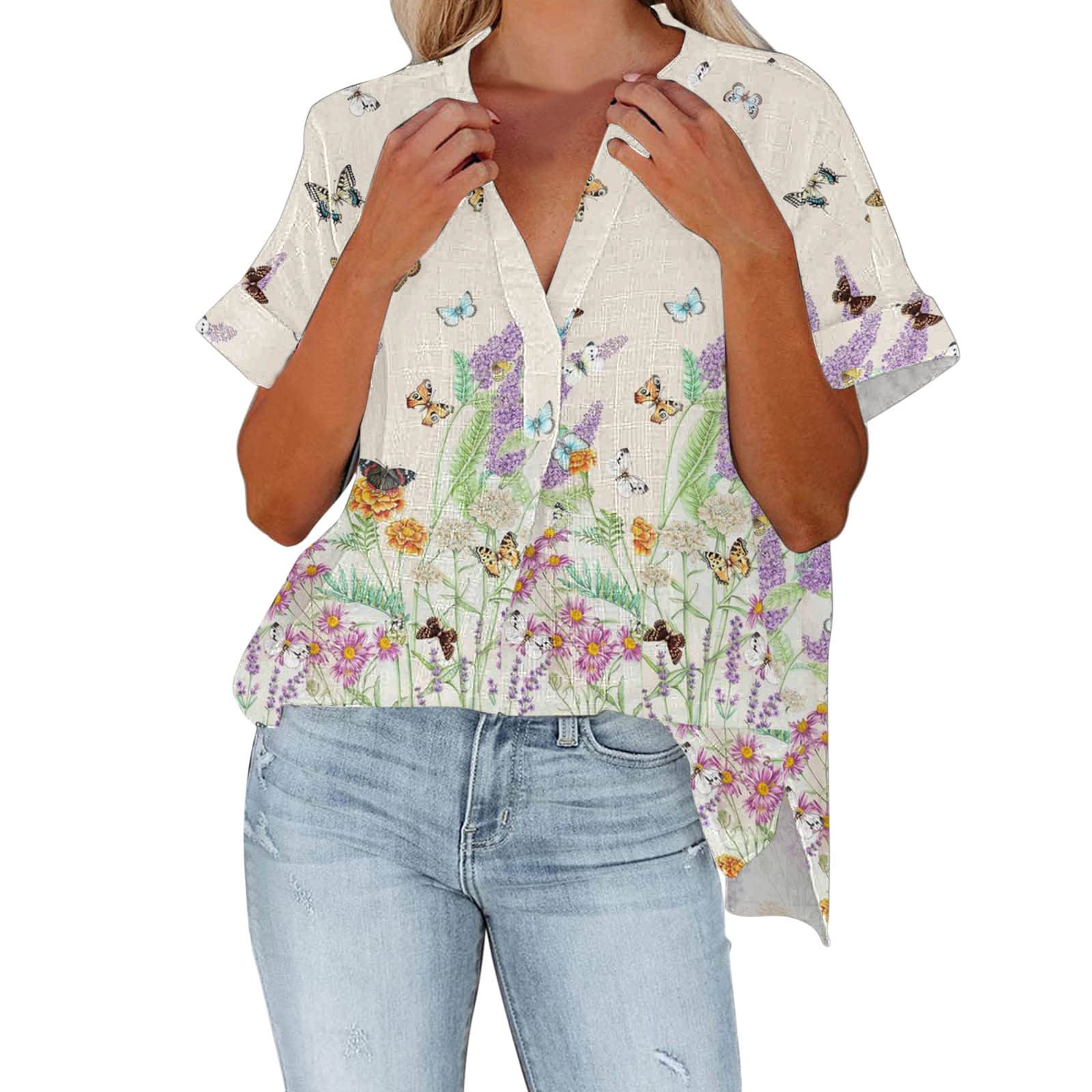 Women's V-Neck T-Shirts - Casual Summer Loose Fit Short/Long Sleeve Blouses & Button Down Tops | Comfortable Beige Tees for Everyday Wear, Office & Weekend Outfits