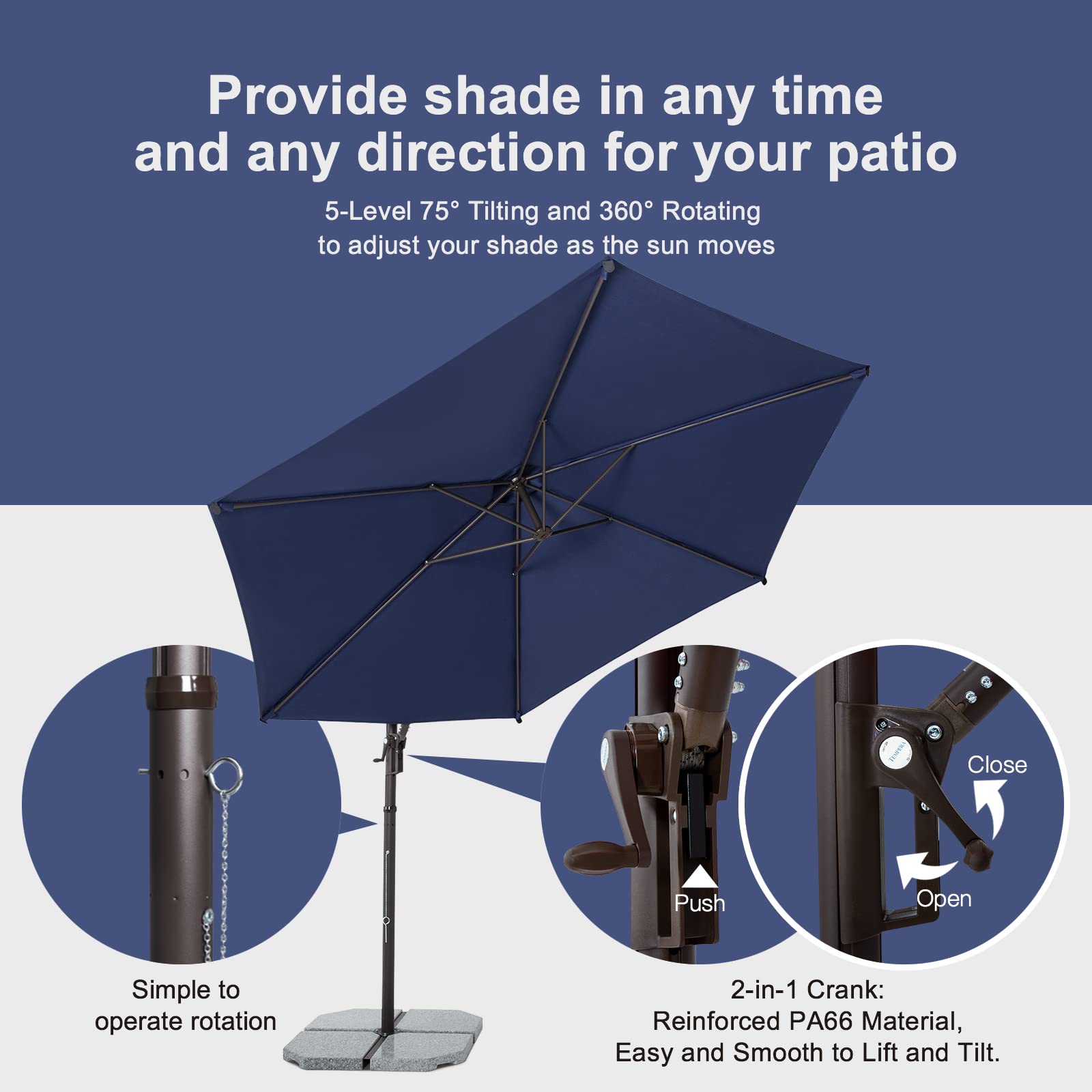 Premium Cantilever Patio Umbrella with Aluminum Stand - 3-Year Fade-Resistant Olefin Canopy, 360° Rotation & Adjustable Tilt - Perfect for Poolside, Deck, Garden, and Outdoor Dining Areas
