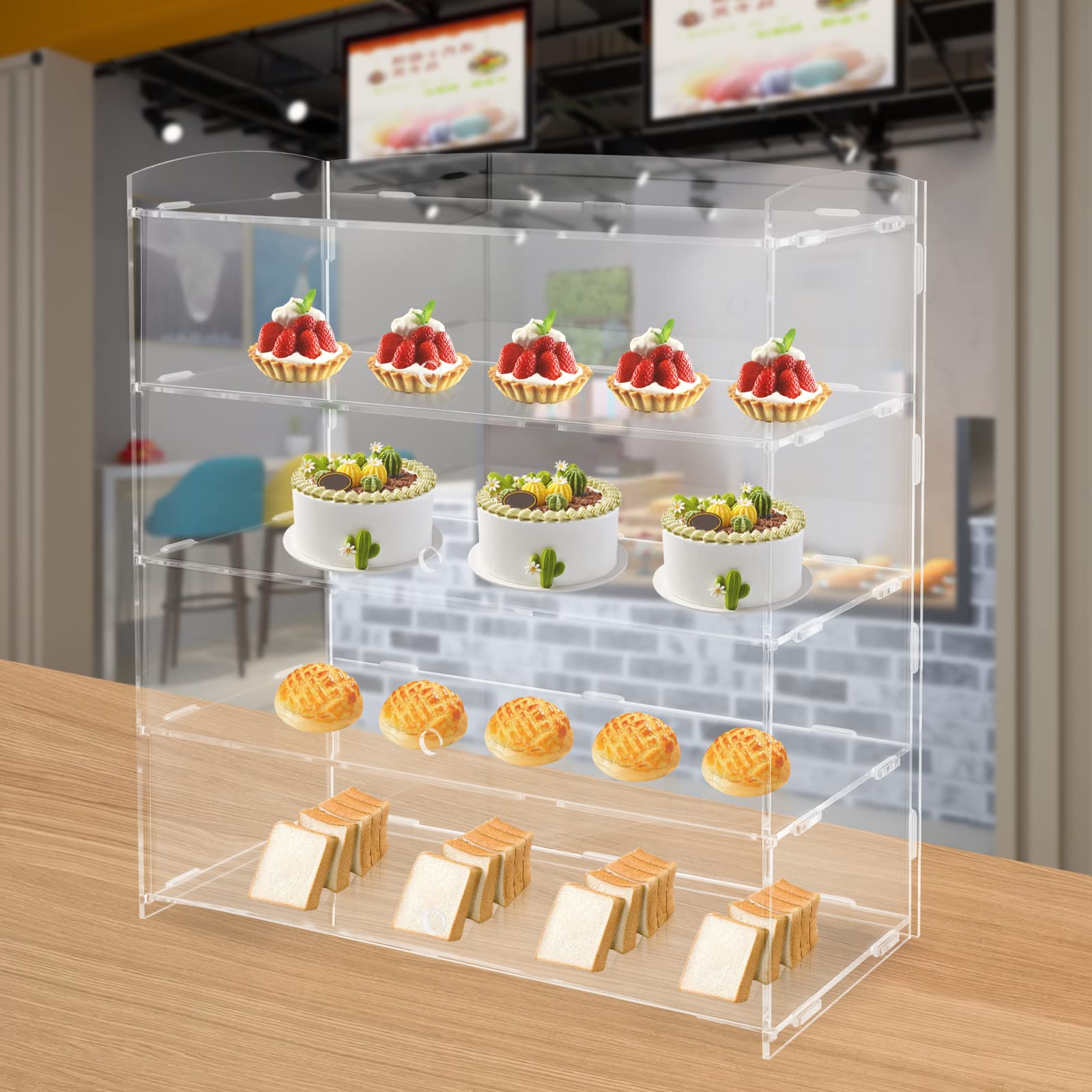 4-Tier Acrylic Display Case for Bakery Pastry, Donuts, Cookies - Retail Counter Display Shelf with Clear View - Perfect for Mini Toys, Collections, Stones & Retail Organization - Great for Bakeries, Cafes, Gift Shops & Home Decor