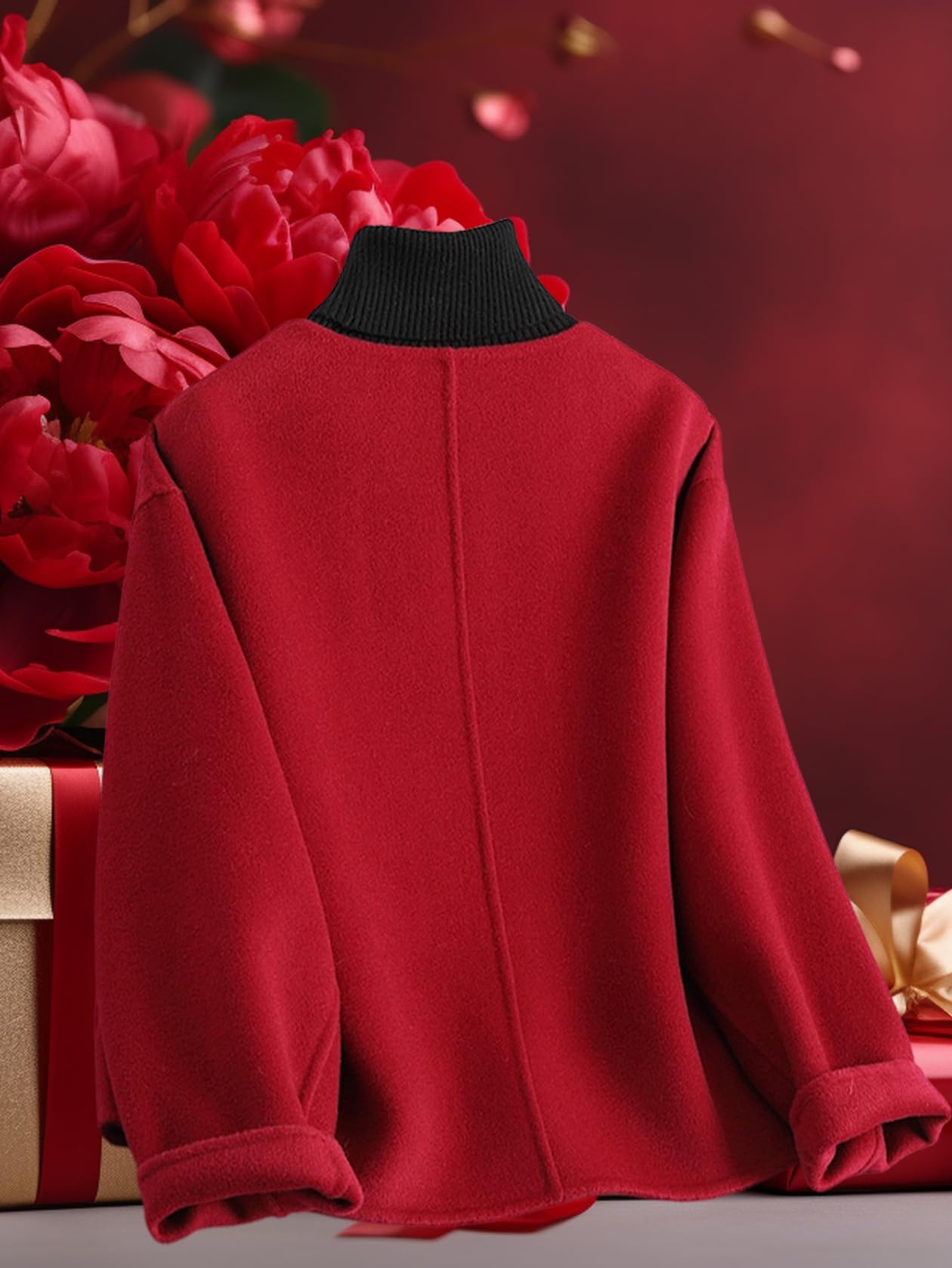 Women's Double-Sided Wool Coat with Handcrafted Buttons - Crew Neck Long Sleeve Warm Winter Top in Red | Perfect for Office Wear, Casual Outings & Holiday Parties