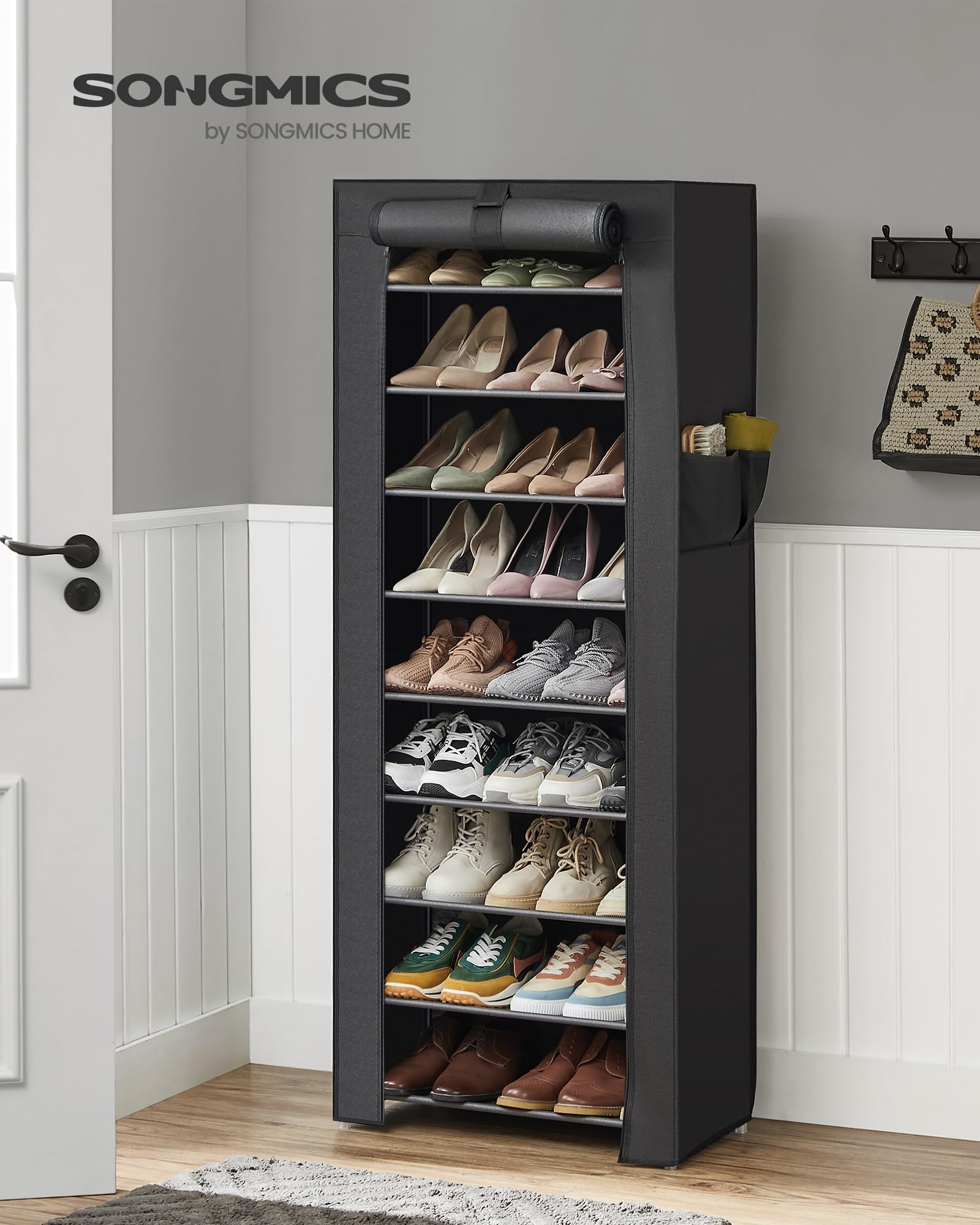 SONGMICS 9-Tier Shoe Rack Organizer with Nonwoven Fabric Cover - Holds 27-35 Pairs of Shoes - Space Saving Entryway Storage for Sneakers, High Heels, Flats & Boots - Perfect for Closet, Bedroom, Hallway Organization - Black URXJ10H